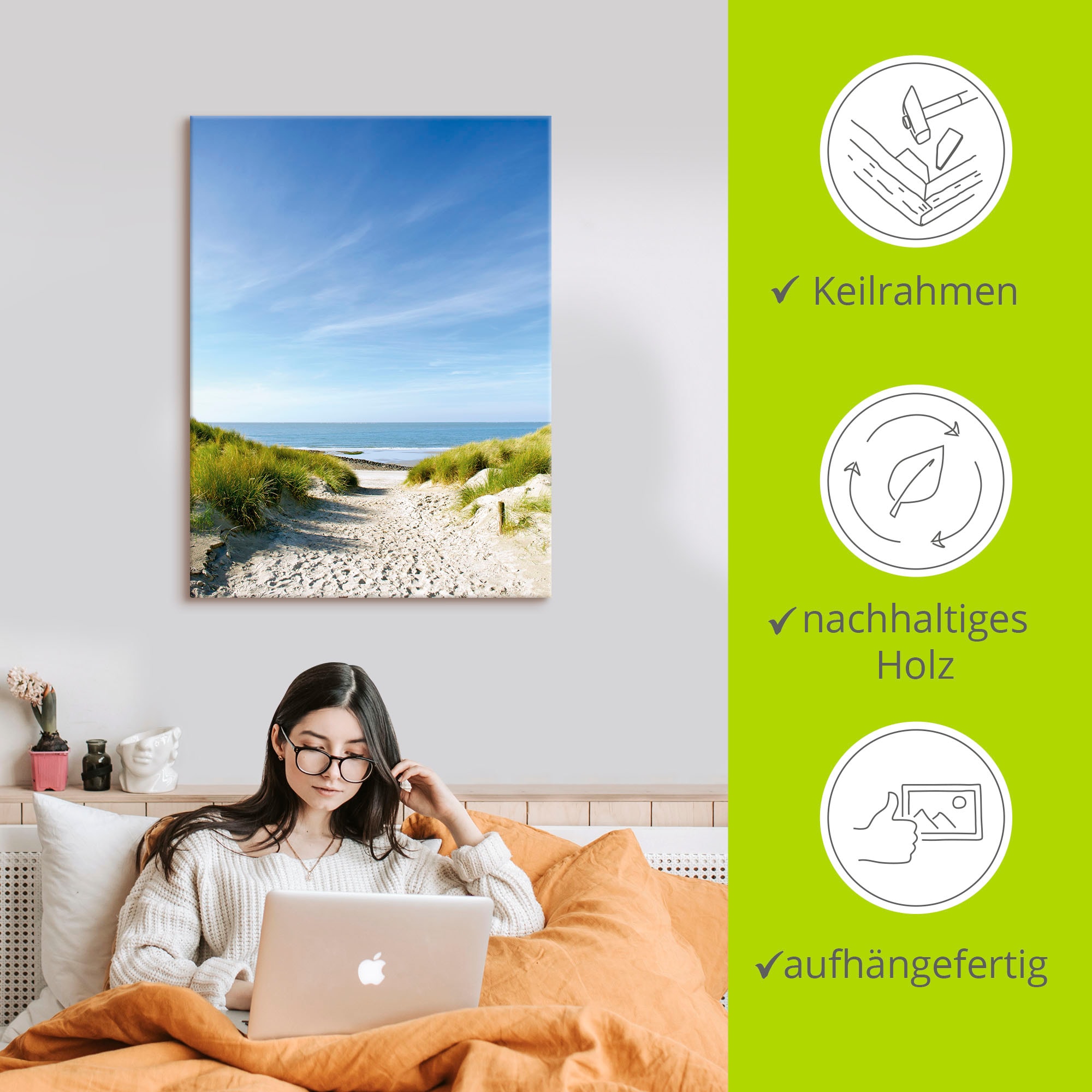 Artland Wandbild »Strand mit Sanddünen und Weg zur See«, Strand, (1 St.), als Alubild, Outdoorbild, Leinwandbild, Poster, Wandaufkleber