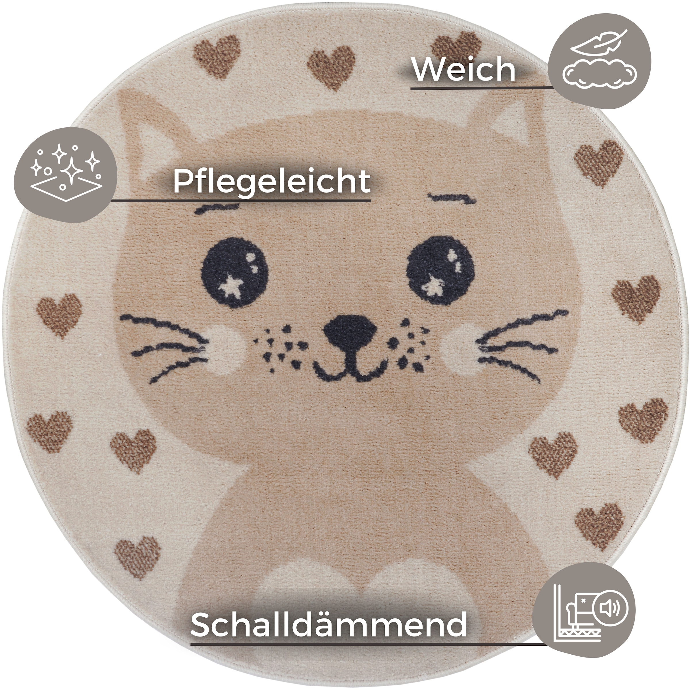 THE RUGS Adventures Cat Rug & Runner Kids Polypropylene Short Pile Rug in Brown | Size: 140cm diameter