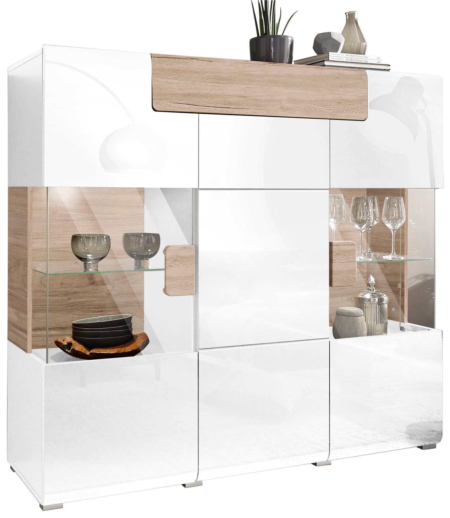 OTTO home Highboard "Toledo,Breite 147,5cm,trendige Hochkommode mit 3Türen und Schublade" Hochschrank mit Glas-Partien,stylische Hochglanzfronten
