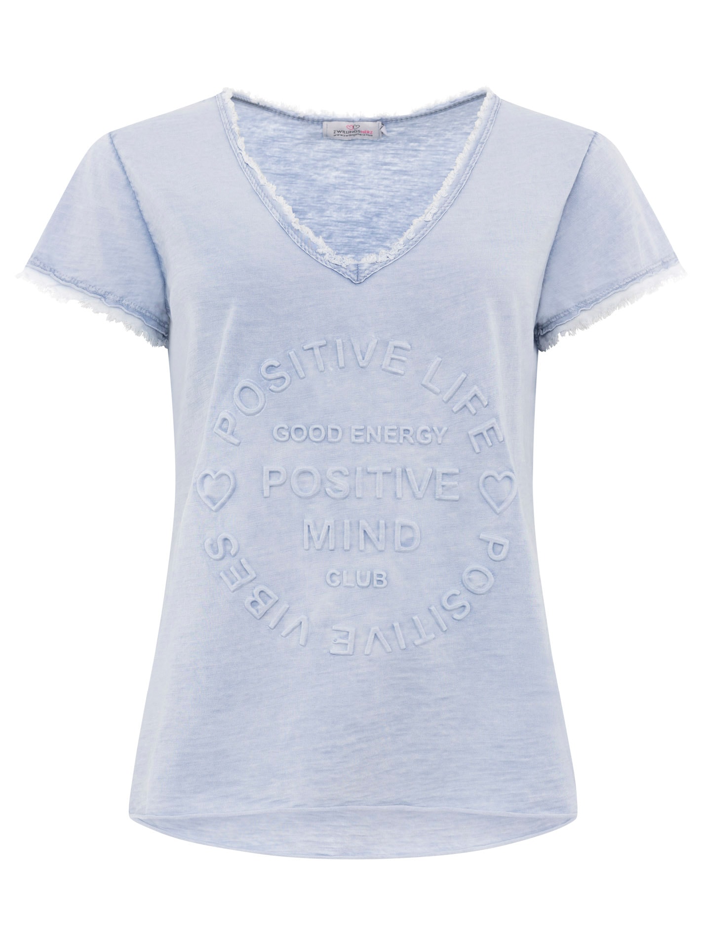 Zwillingsherz T-Shirt »"Positive Mind"«, V-Ausschnitt, Kurzarm, Used-Look, Baumwolle, ausgefranste Kanten