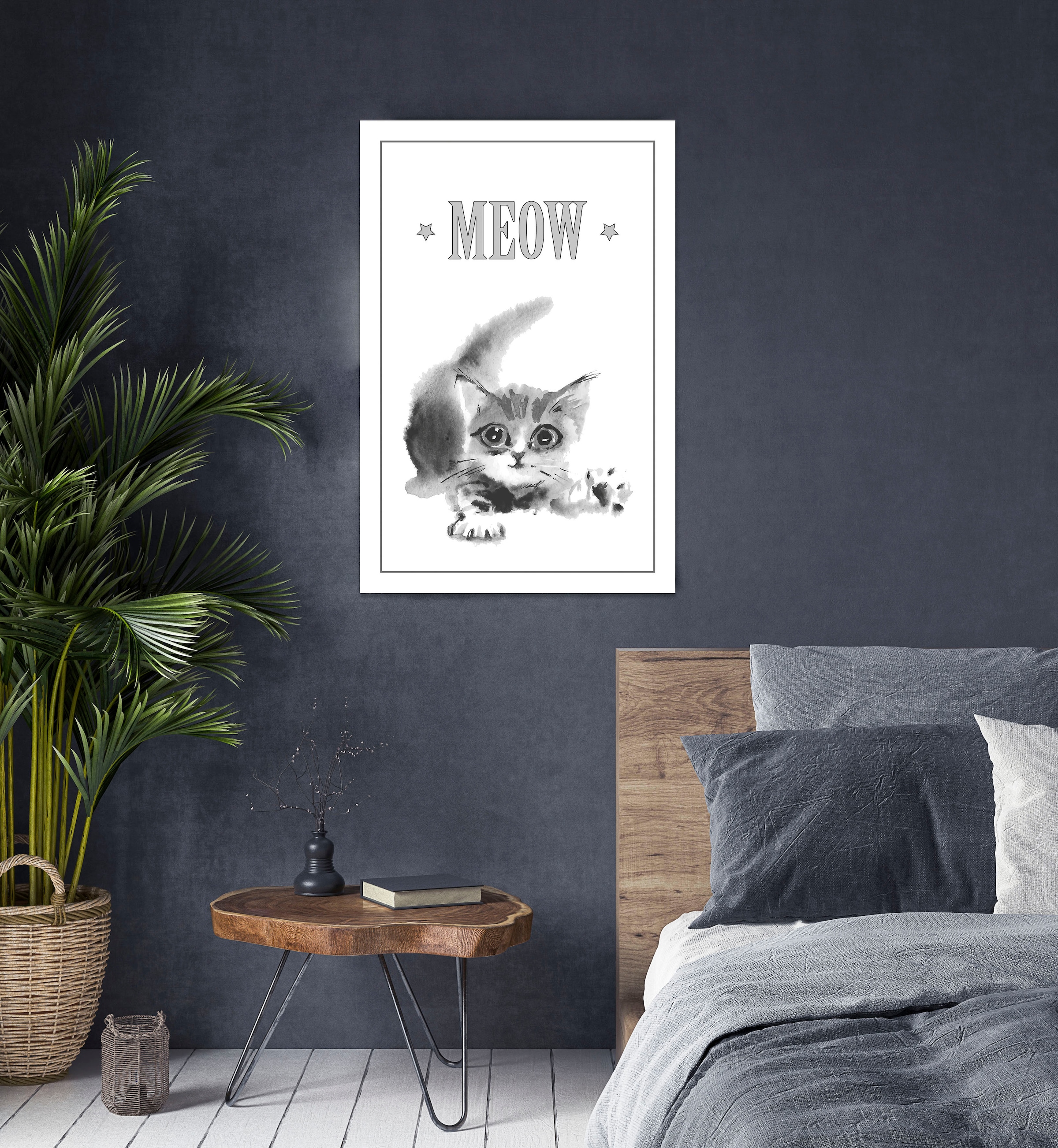 queence Leinwandbild »Katze MEOW«, Kunst-Modern-Schriftzug-Tiere-Katze-Katzen-Katzenbilder-Schwarz-Weiss, Premium-Leinwandstoff, Handarbeit aus Deutschland