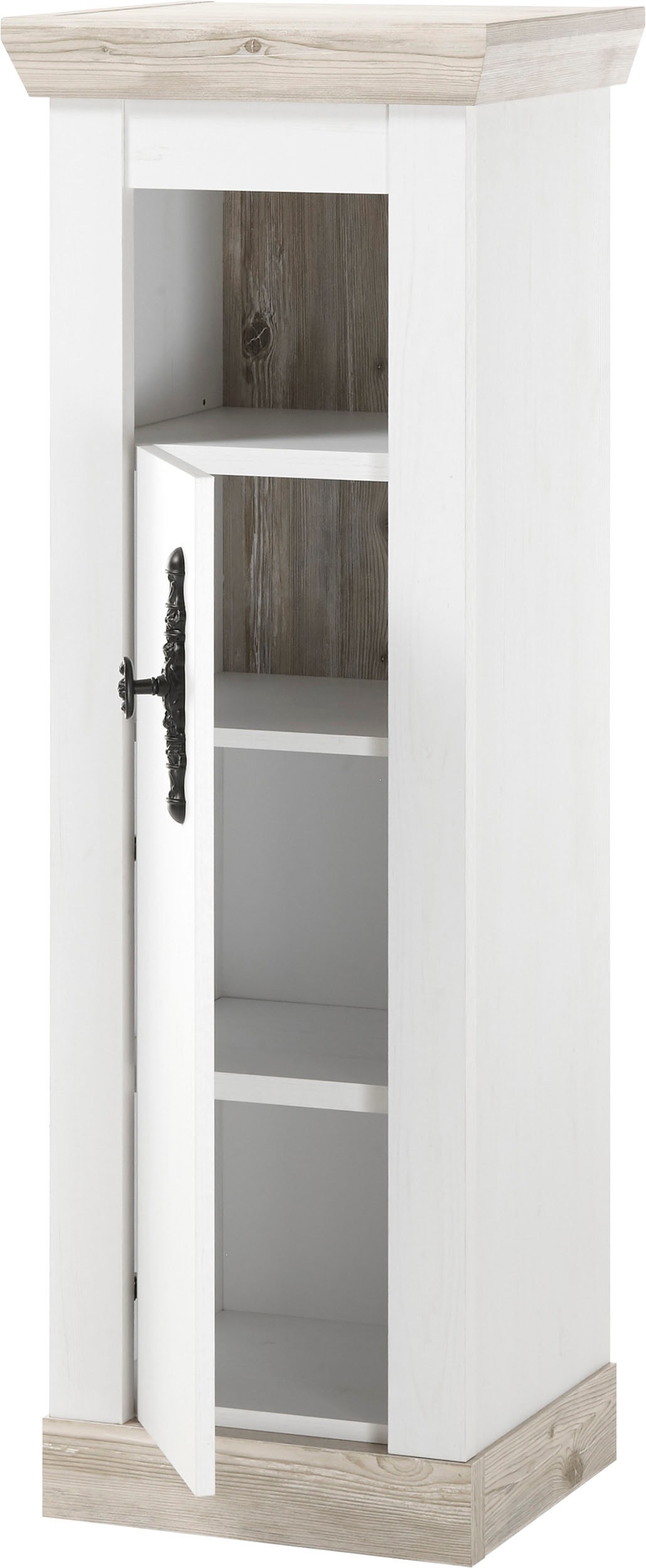 Home affaire Badmöbel-Set »Florenz, Bad im Landhausstil, 5-teiliges Badezimmer«, (5 St.), Waschtisch, Schränke, Wandregal und Spiegel, in Pinie Weiss, Stauraum