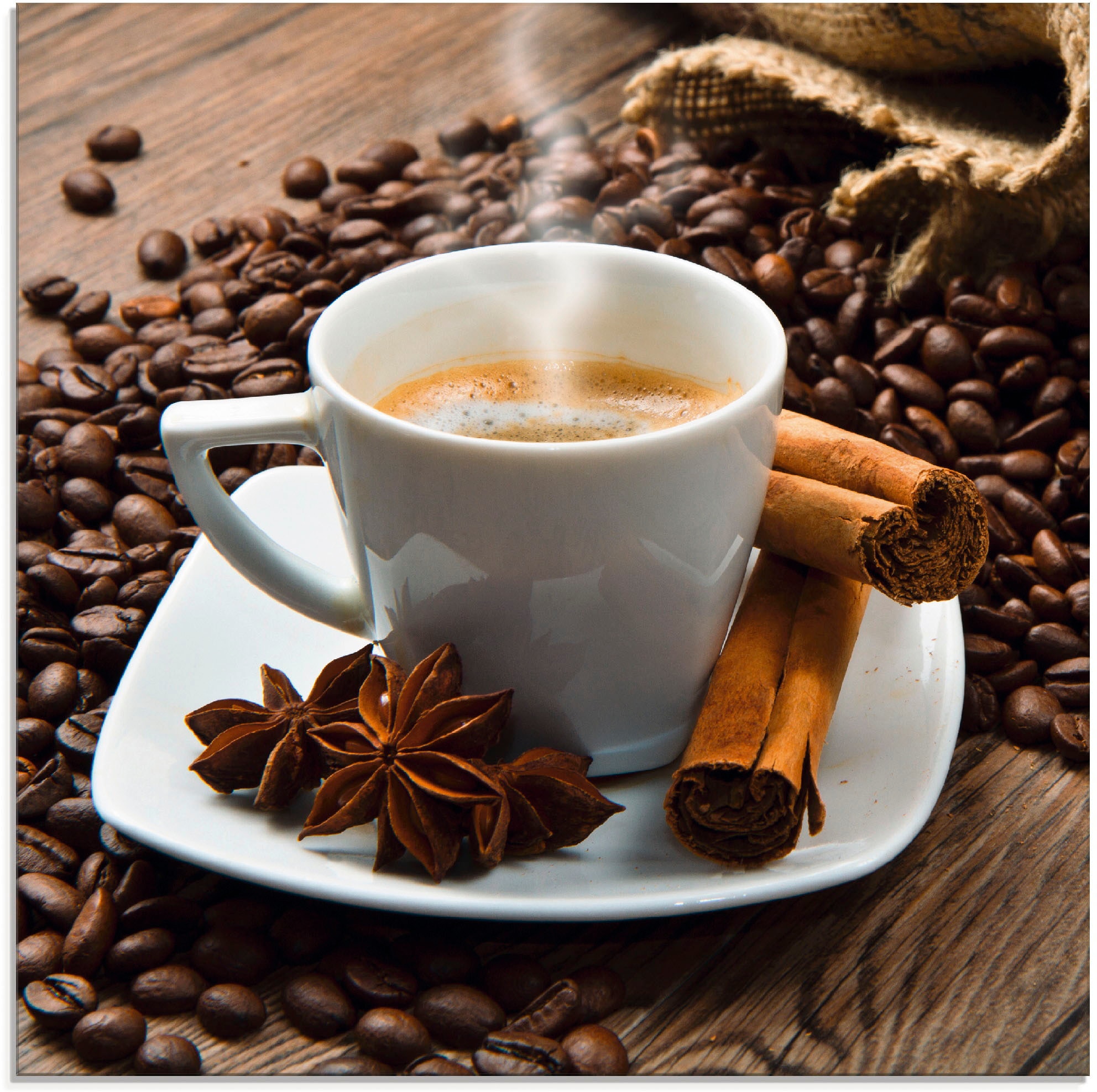 Artland Glasbild »Kaffeetasse Leinensack mit Kaffeebohnen«, Getränke, (1 St.), in verschiedenen Grössen