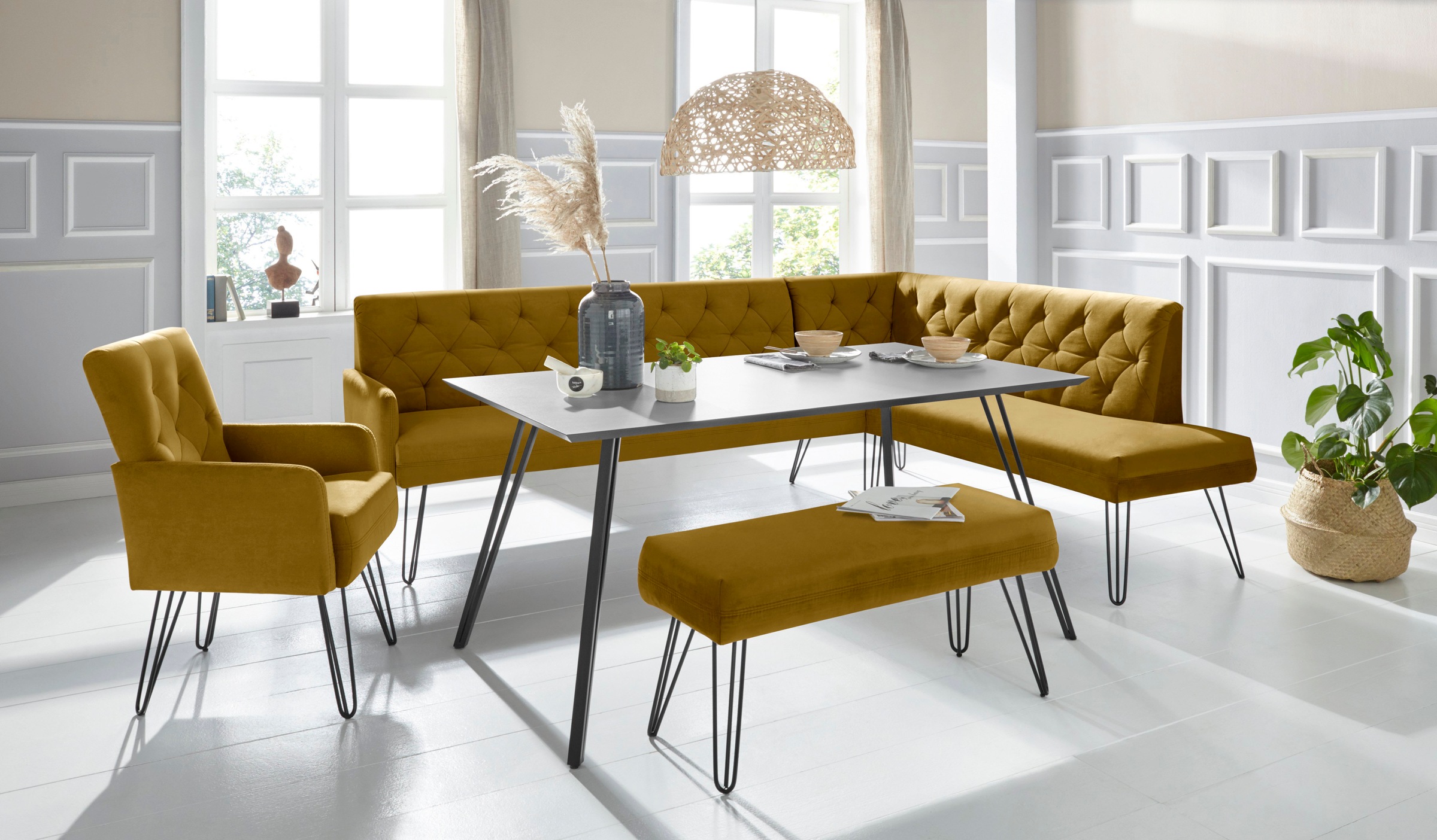 exxpo - sofa fashion Eckbank »Doppio, Chesterfield Optik, komfortabel und bequem, hohe Designfüsse«, Frei im Raum stellbar