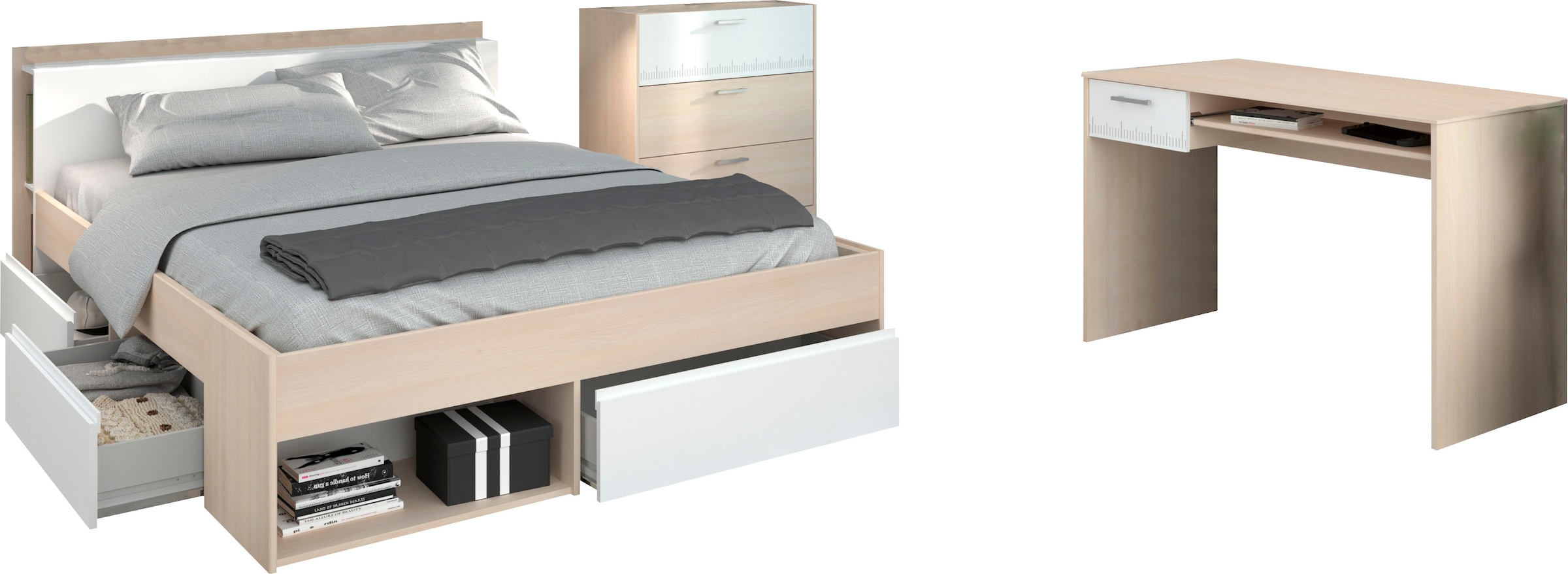 Parisot Jugendzimmer-Set »Most«, (Set, 3 tlg., Bett mit Schubkästen, Schreibtisch und Schubkastenkommode)