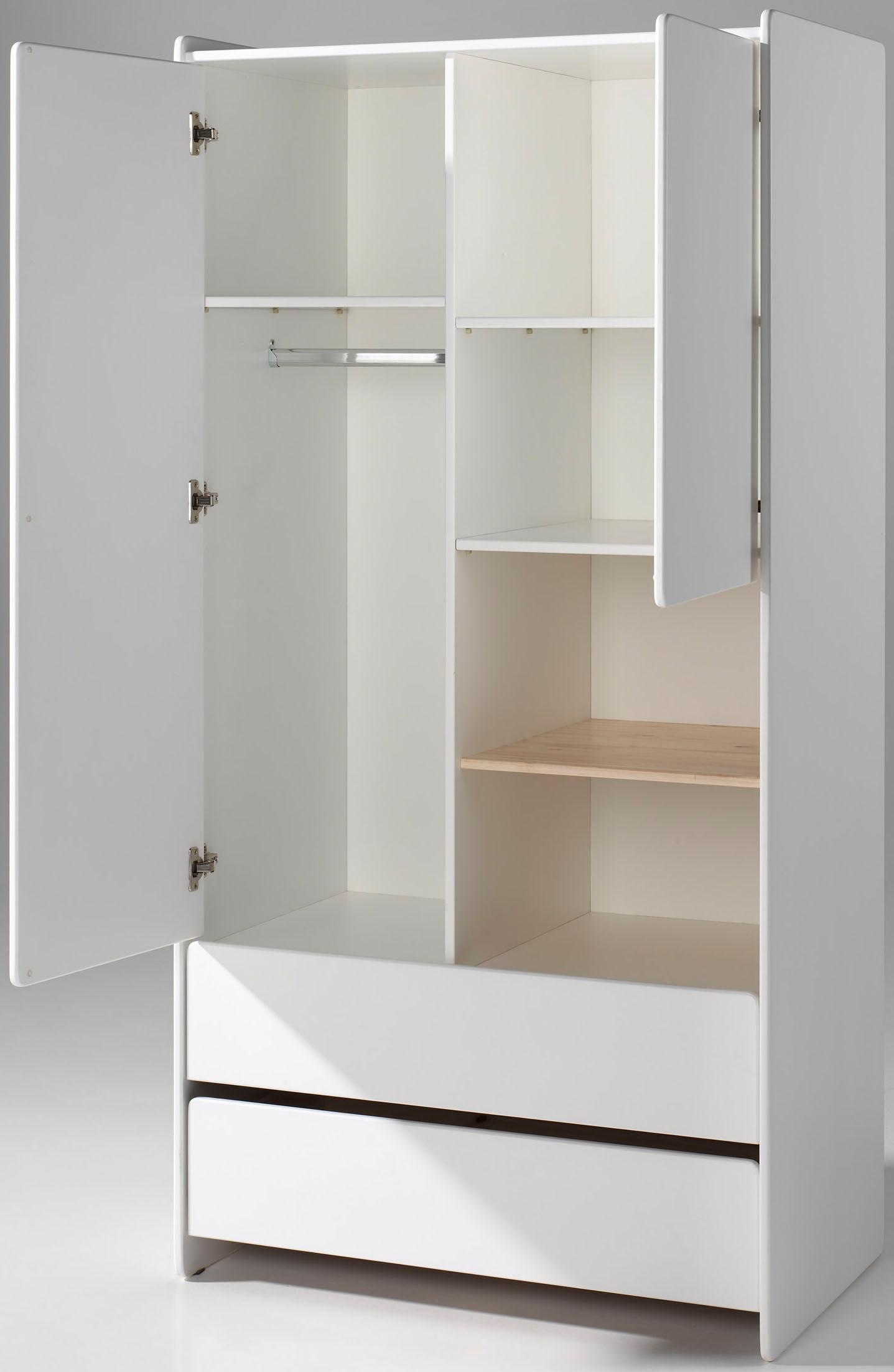 Vipack Kleiderschrank »Kiddy, mit funktioneller Einteilung und 2 Schubladen, stabil gebaut«, (H/T ca. 180x55cm, MDF weiss lackiert, Fachboden Kiefer), bietet viel Stauraum, wahlweise 2 Schrankbreiten