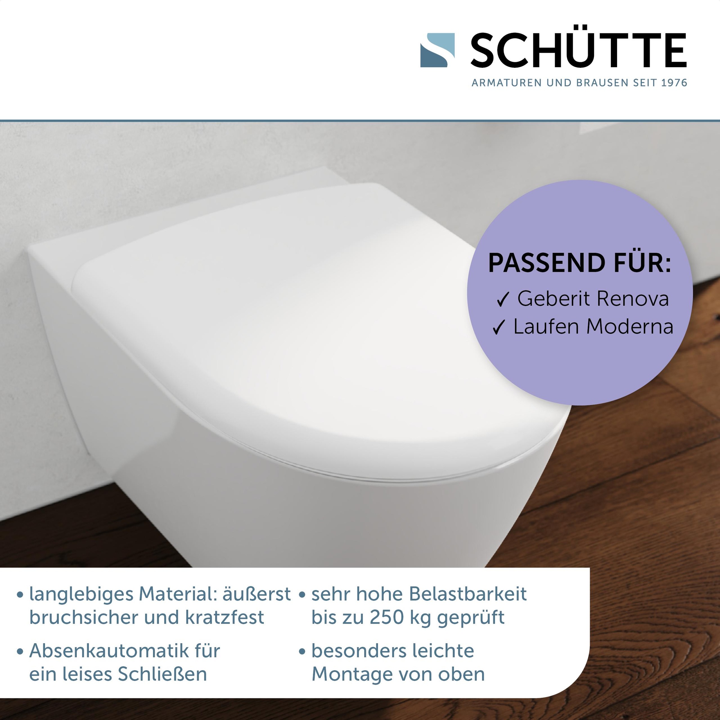 Schütte WC-Sitz "Duroplast, WHITE D-Form PRO" WC-Sitz, Befestigungsmaterial, Montageanleitung, mit Absenkautomatik und Schnellverschluss