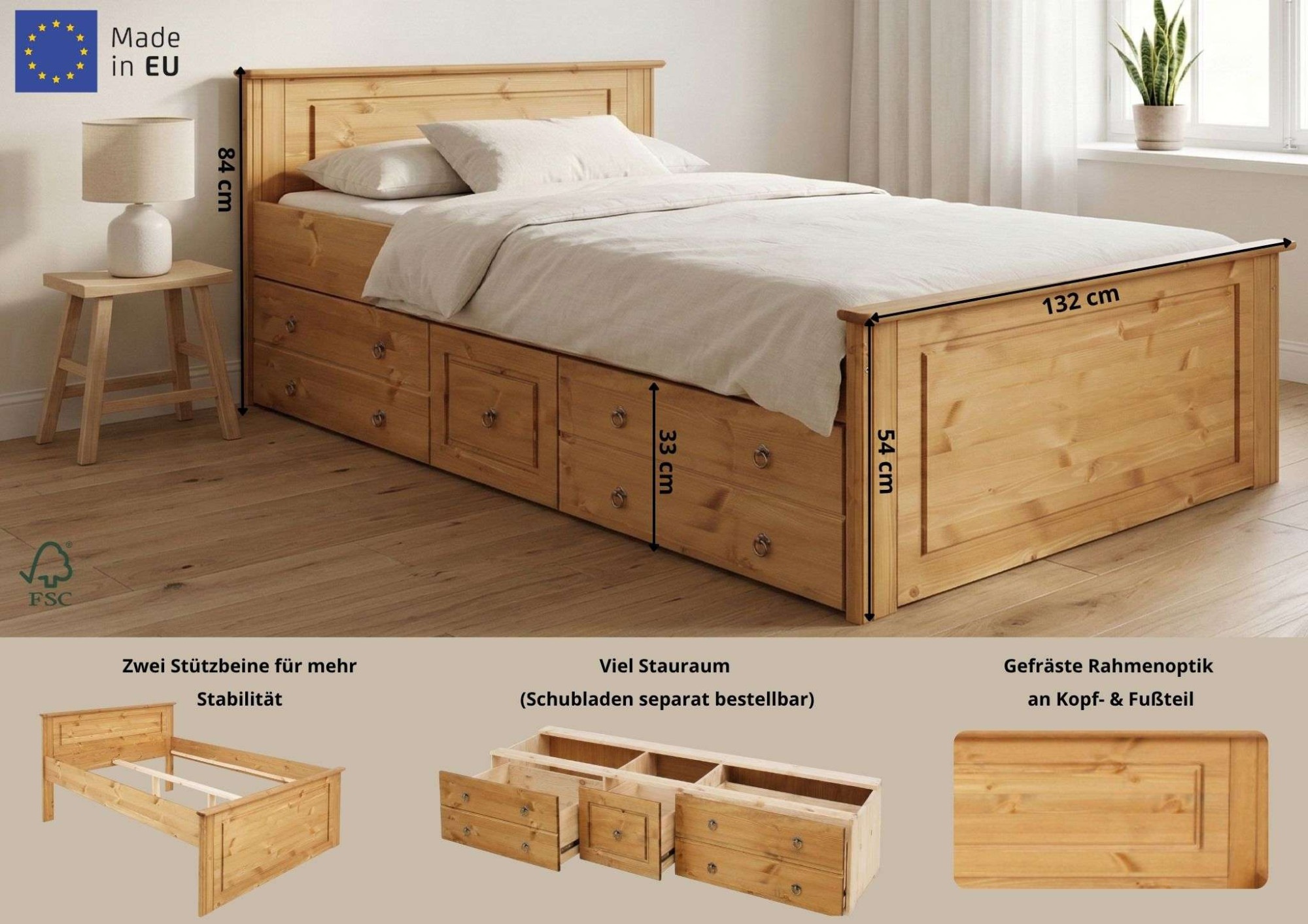 OTTO home Massivholzbett "Hugo, FSC zertifiziert, Landhausstil, zeitlos und edel" auch als Super Sparset inklusive Schubkästen, Stauraumbett, extra belastbar, Made in EU, viele Breiten