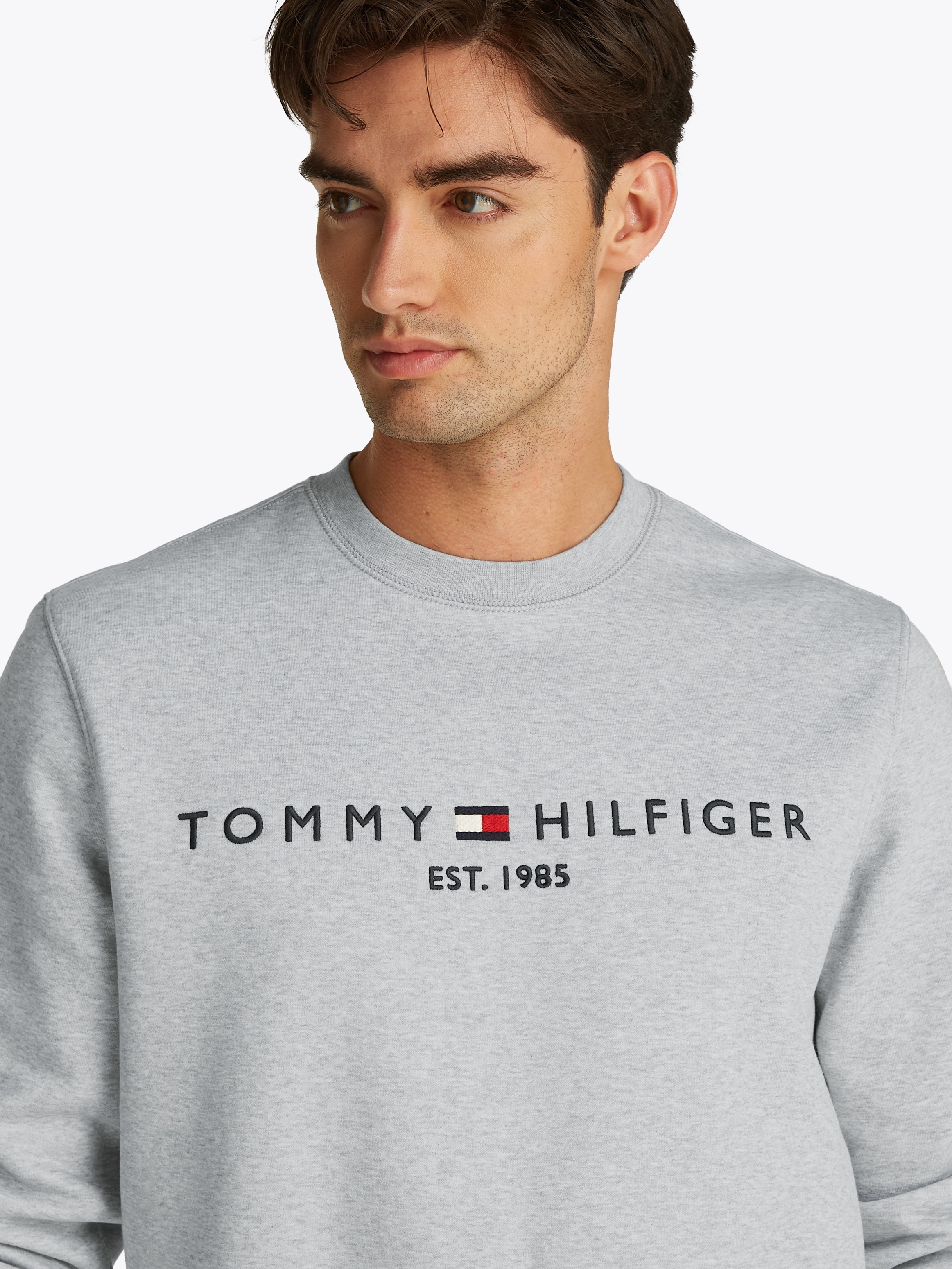 Tommy Hilfiger Sweatshirt »TOMMY LOGO SWEATSHIRT mit Rundhals und Stickerei«, unifarben, casual, regular fit, Baumwollmix, Rundhals