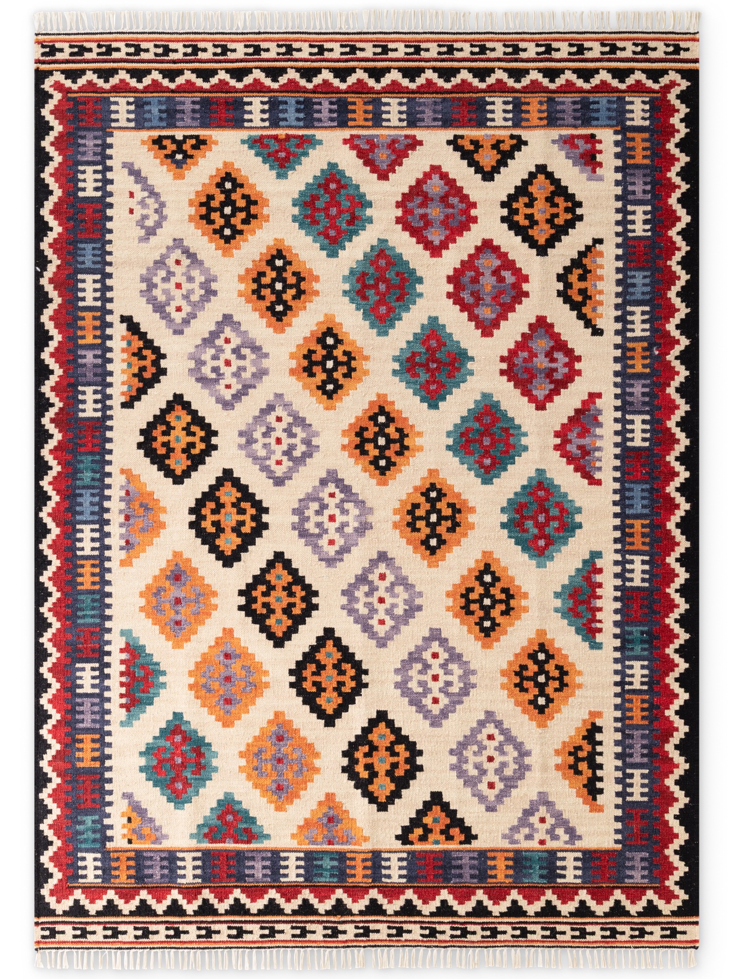 THE RUGS Kamal Kelim Rug – Rami Design Bordered Handwoven Wool Cotton 3 mm | Size: 120cm x 170cm