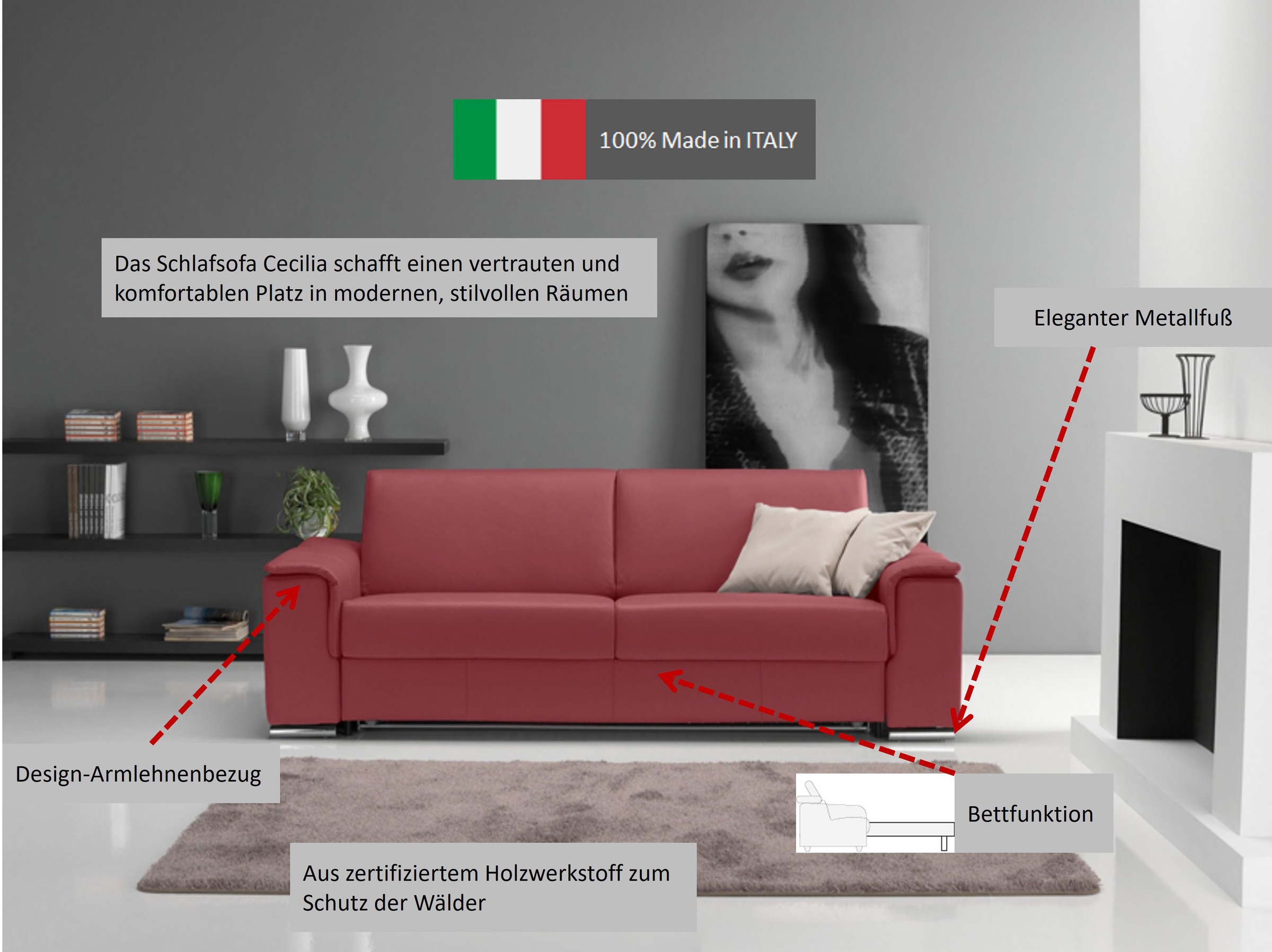 Egoitaliano Schlafsofa »Cecilia, modern & elegant, erstklassiger Sitzkomfort, Dauerschläfer«, inkl. Matratze und hochwertigem Metallbettrahmen, toller Schlafkomfort