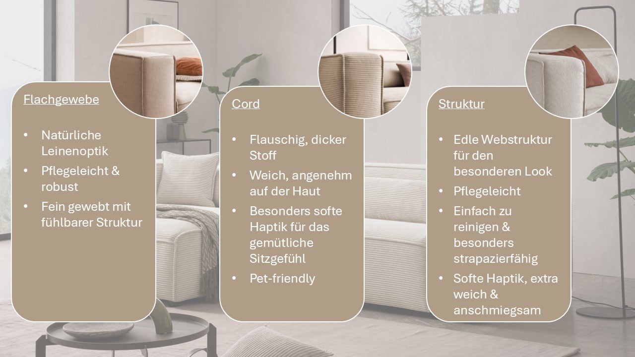 LeGer Home by Lena Gercke Ecksofa "PIARA Struktur u. Leinenoptik mit Kedernaht L-Form" wahlweise Ottomane rechts/links, schwarze Füße, bequemer Sitzkomfort