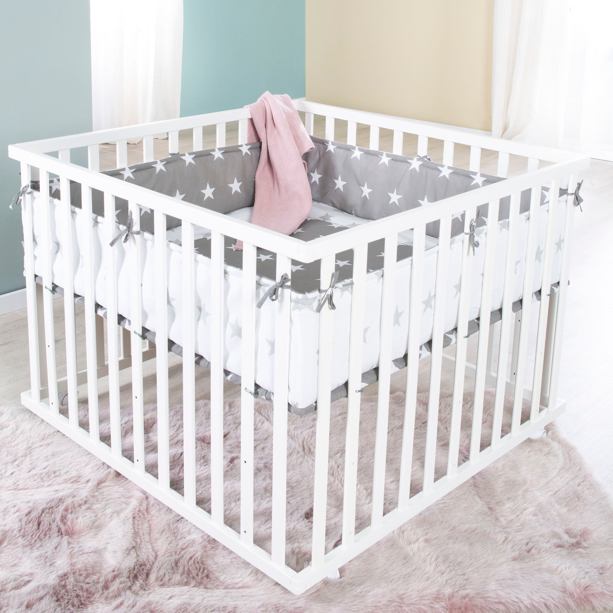 roba® Laufgitter »Little Stars, 100x100 cm, weiss«, bis 15 kg, mit Stoffeinlage und Nestchen; Rollen, höhenverstellbar