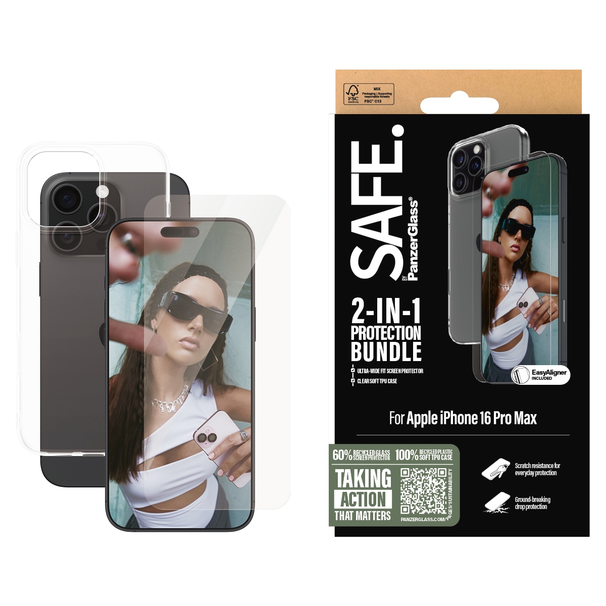 SAFE by PanzerGlass Displayschutzglas »2-in-1 Protection Bundle, Glass, Soft TPU Case« für Apple iPhone 16 Pro Max Displayschutzfolie, Schutzfolie, Bildschirmschutz, kratz- & stossfest