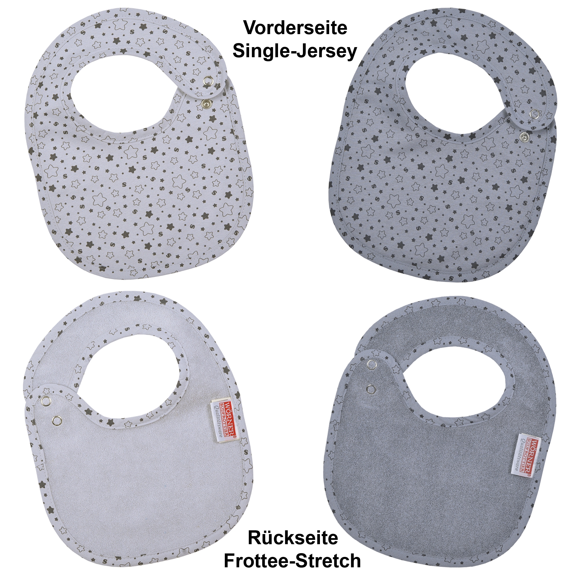 Wörner Lätzchen »Sterne grau Druckknopflatz 22x29 cm« 2 Stk. tlg. mit Druckknöpfen, maschinenwaschbar, trocknergeeignet