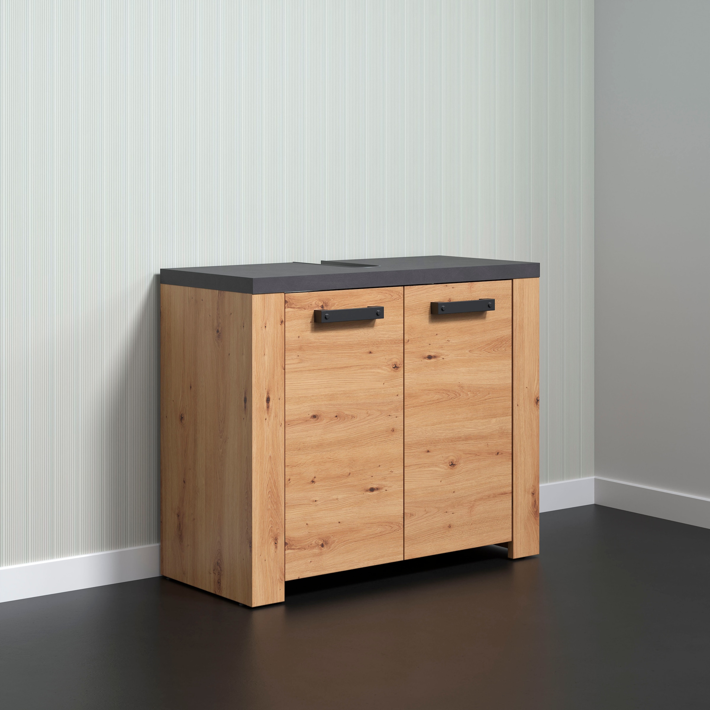 Home affaire Waschbeckenunterschrank »Ambres«, Waschtisch in matter Echtholzoptik - Masse (B/T/H) 79/35/67 cm