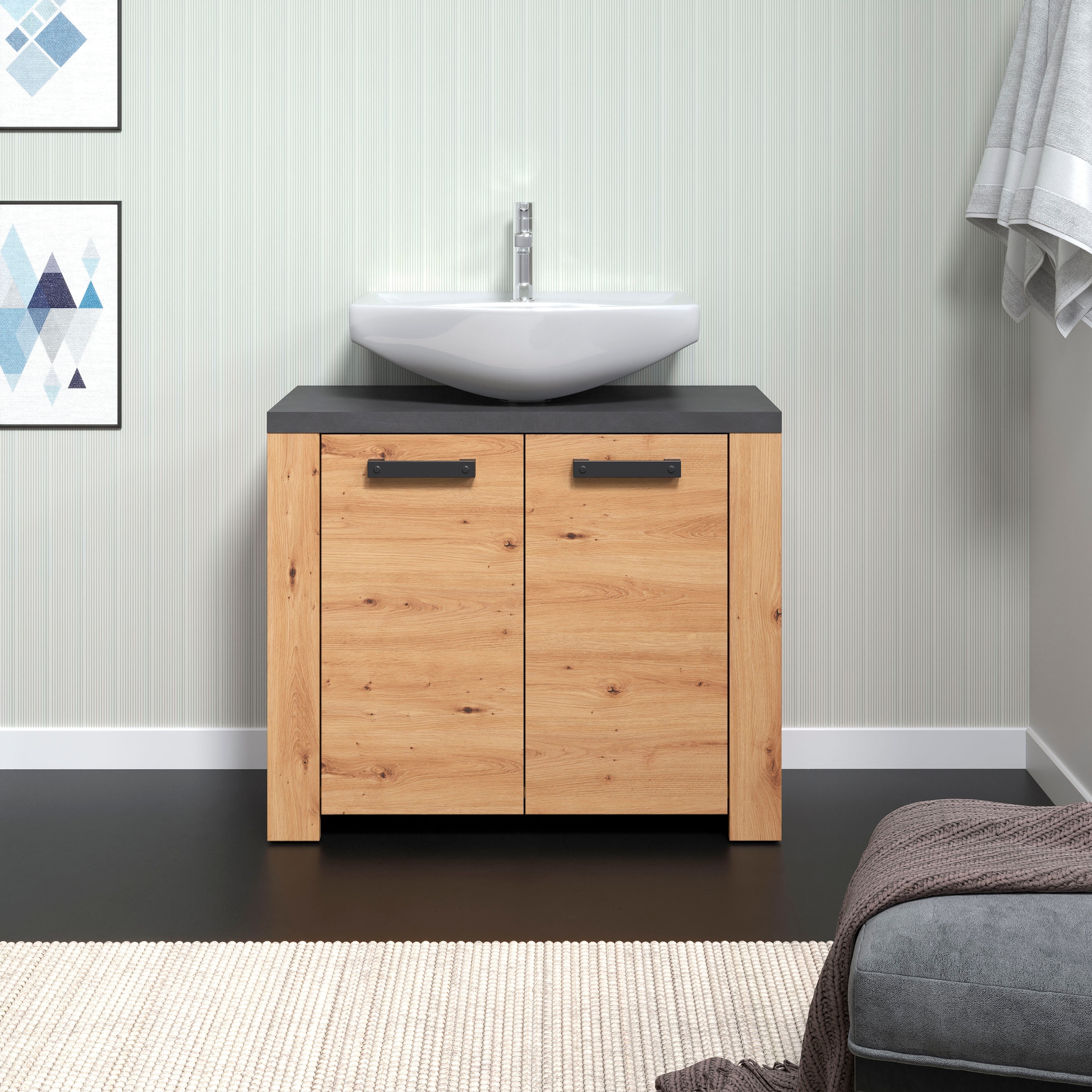 Home affaire Waschbeckenunterschrank »Ambres«, Waschtisch in matter Echtholzoptik - Masse (B/T/H) 79/35/67 cm