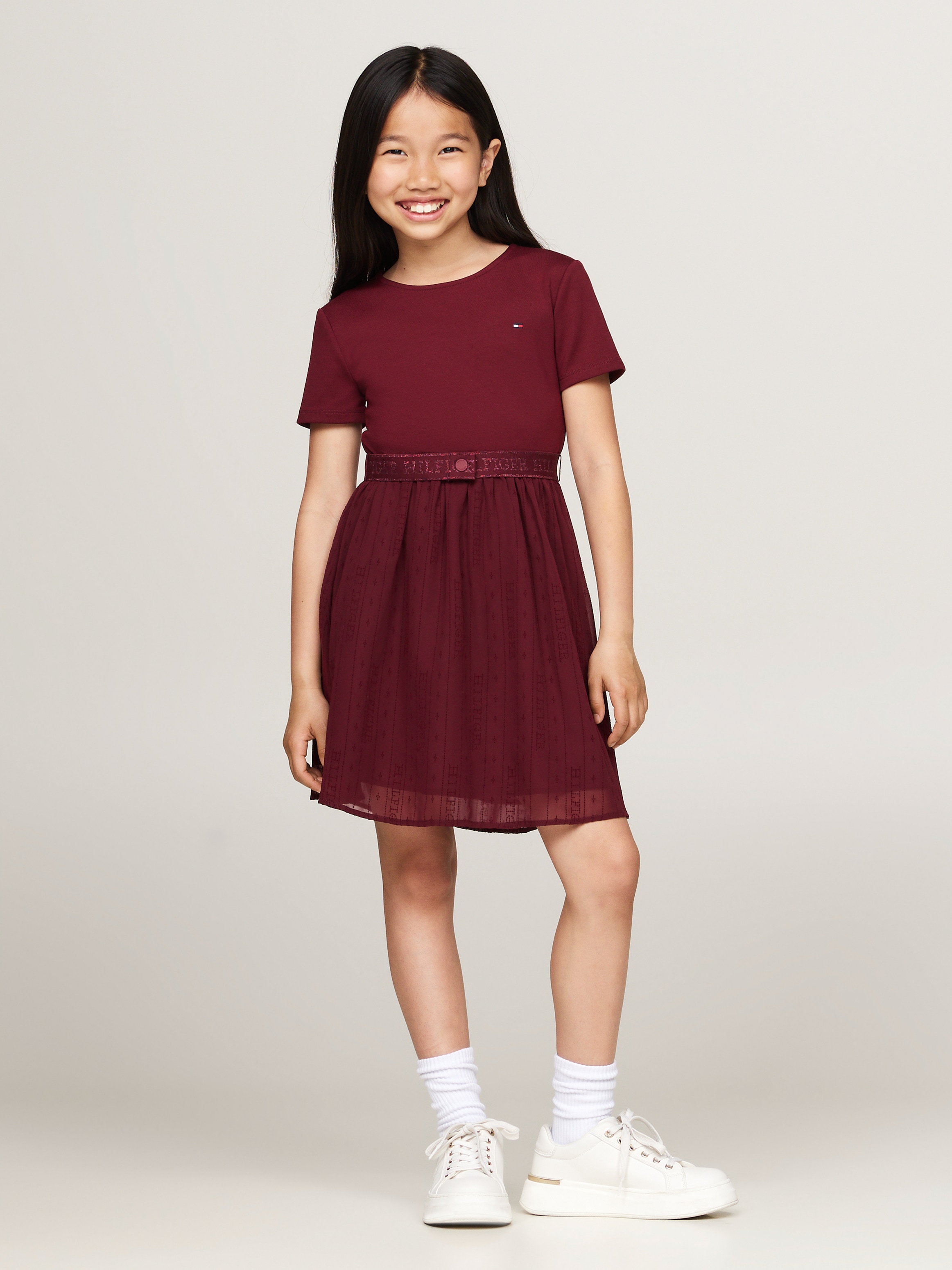 A-Linien-Kleid »HILFIGER PUNTO TULLE DRESS LS«, mit Logo auf Taillenbund