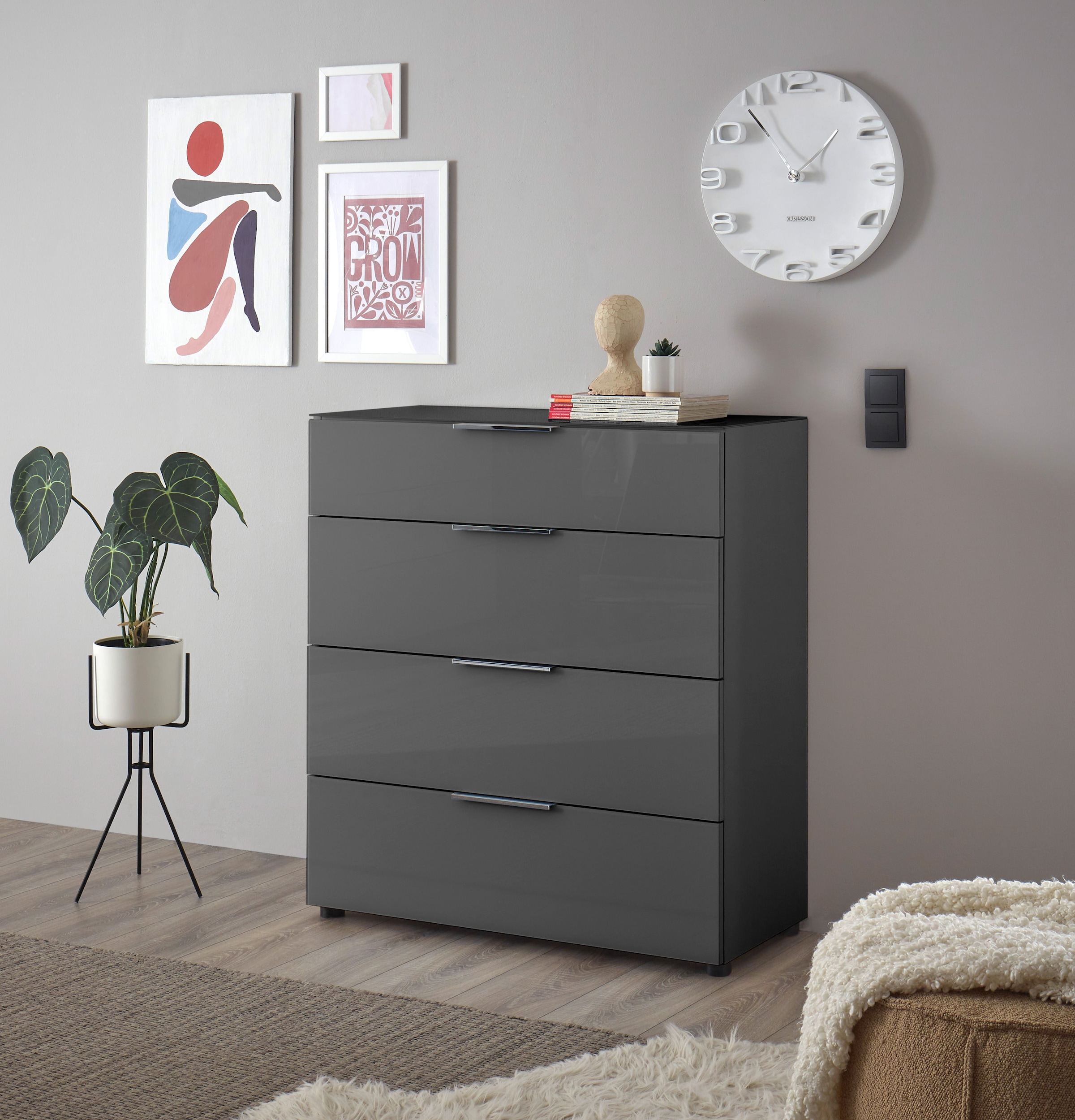 HBZ Kommode "Santorin Mehrzweckschrank mit Schubkästen, BxHxT 90x99x40 cm" 1 Stk. tlg. Mit 4 Schubkästen mit Softclose, Glasfront und Glasoberboden