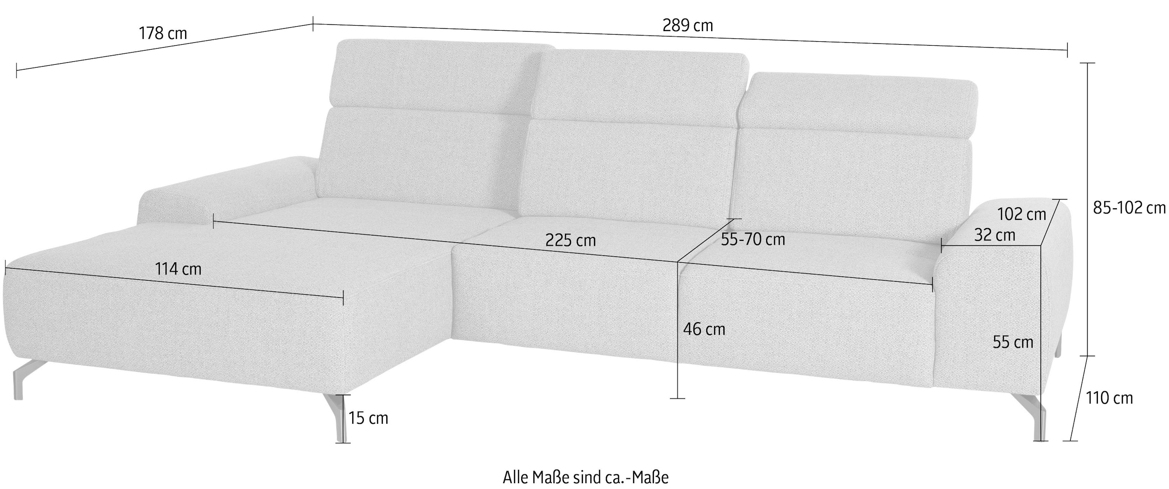 sit&more Ecksofa »Gizeh L-Form«, Fusshöhe 15 cm, inklusive Sitztiefenverstellung und Kopfteilverstellung