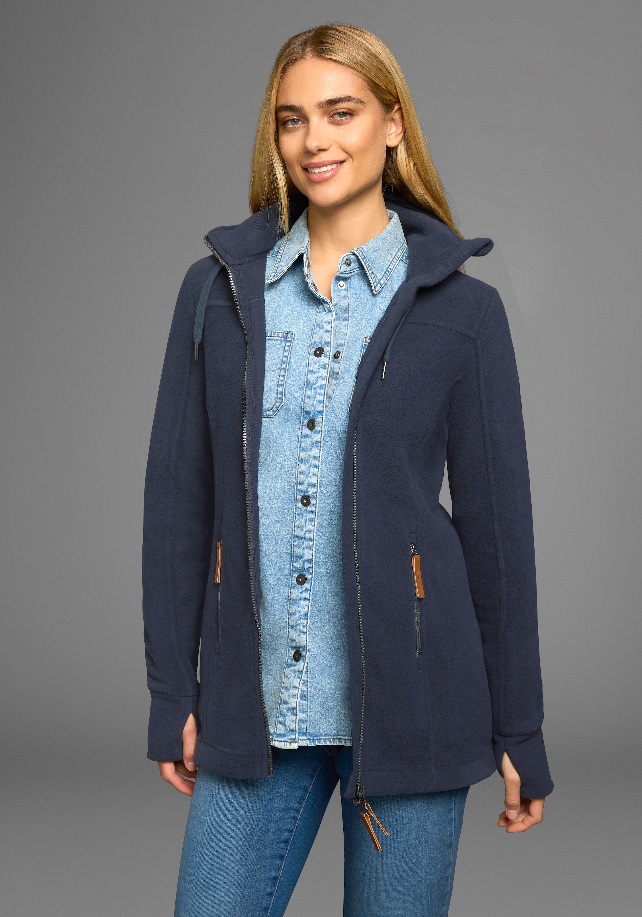 Polarino Fleecejacke, mit Kapuze, aus Fleece, atmungsaktiv, schnell trocknend
