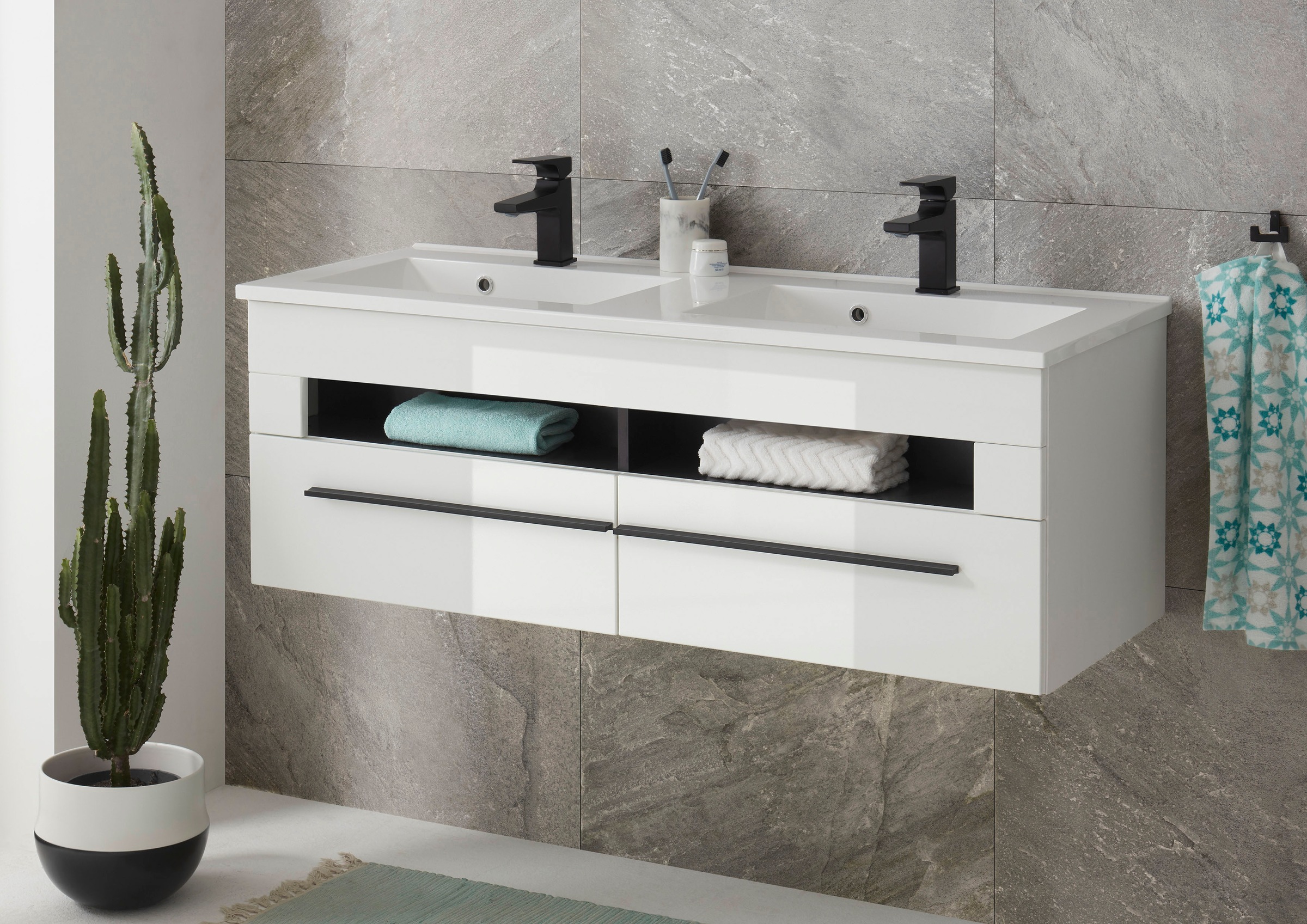 INOSIGN Waschtisch »Cantara, Waschtisch inkl. Waschbecken, modernes Design«, mit schwarzen Griffen, ausreichend Stauraum