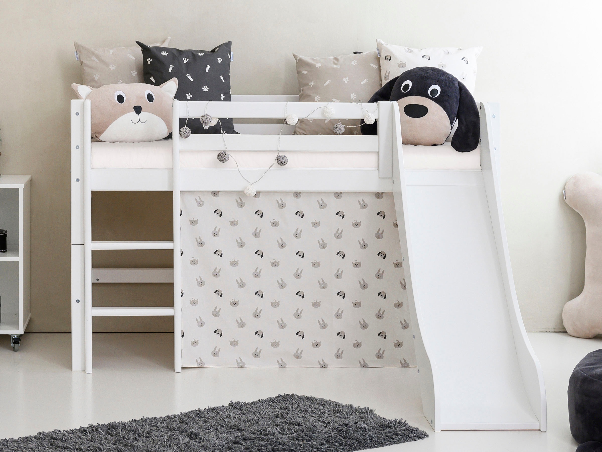 Hoppekids Hochbett »«Pets Natur»« Rutsche & Vorhang Grau und viel Auswahl
