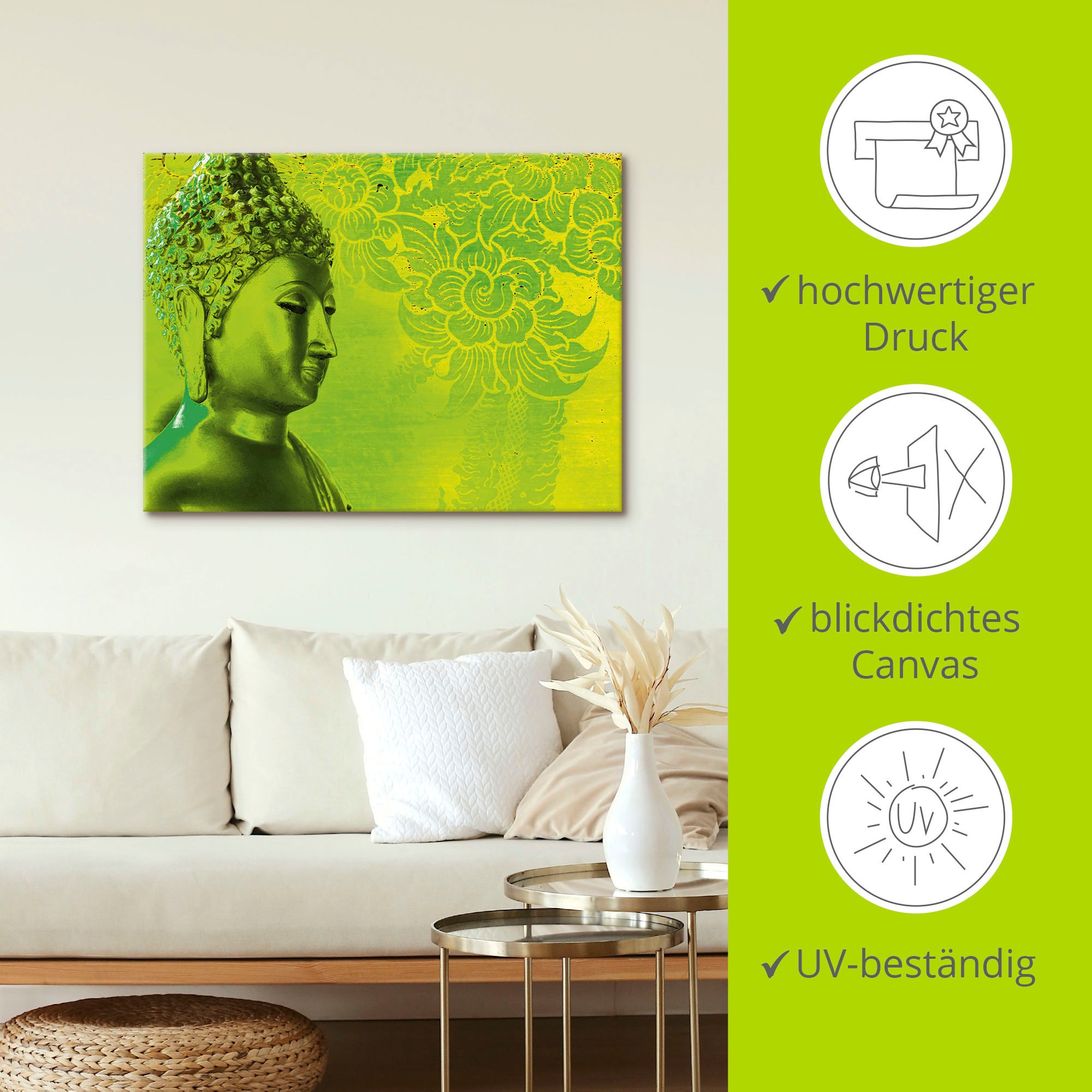 Artland Leinwandbild »Buddha Goldstatue - grün«, Religion, (1 St.), auf Keilrahmen gespannt