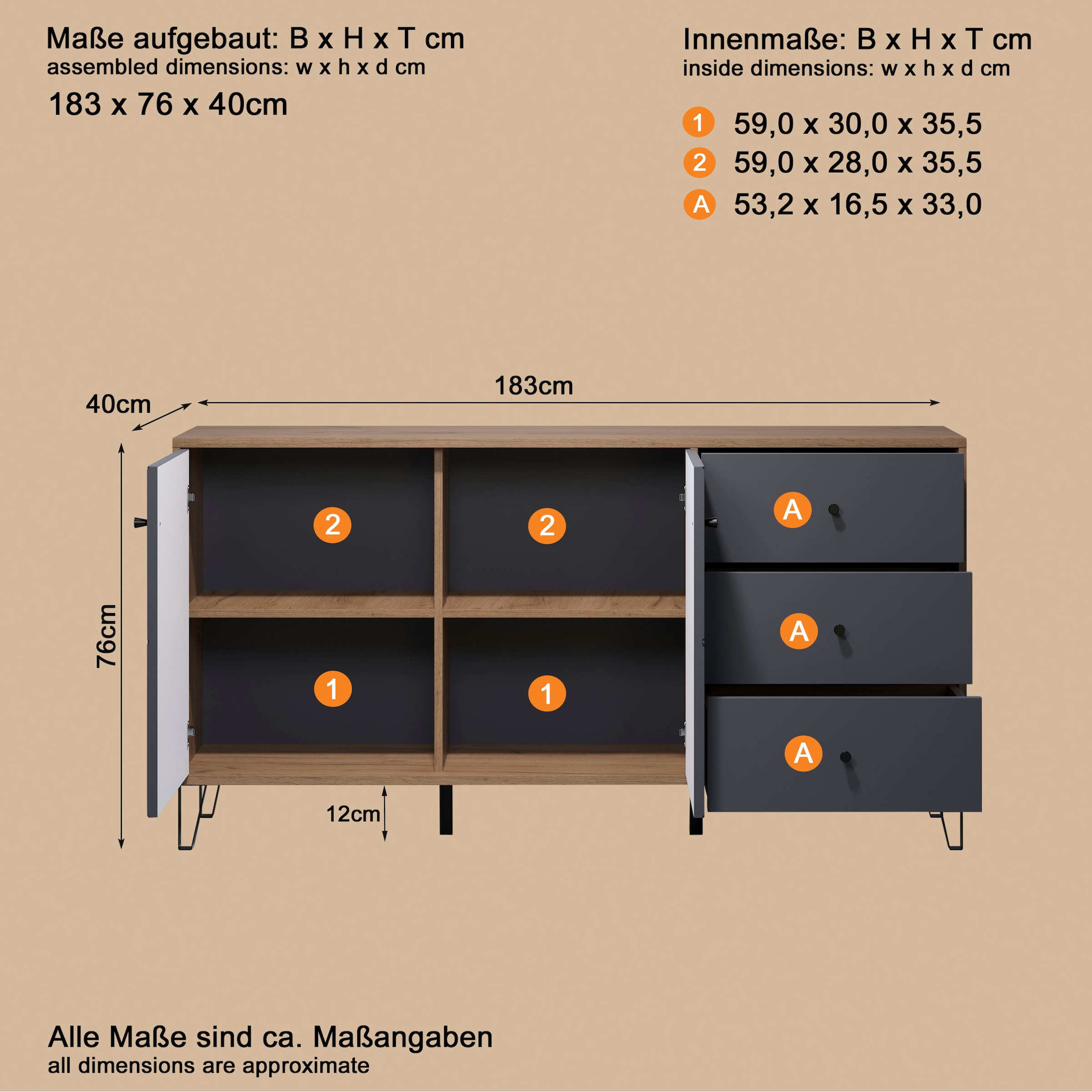 Places of Style Sideboard »Molveno«, (1 St.), Sideboard, 2 Türen, 3 Schubkasten & Soft-Close - (B/T/H) 183/40/76 cm