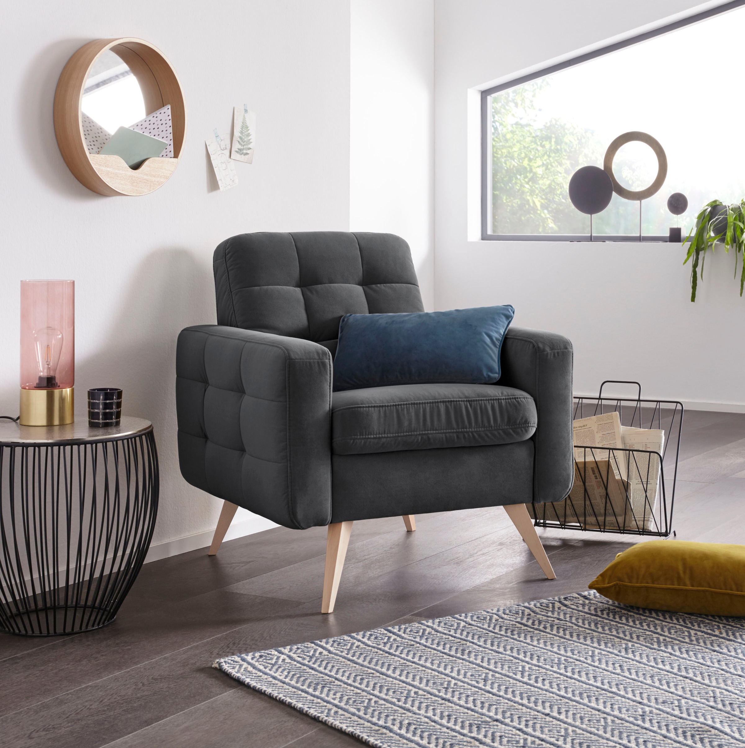 exxpo - sofa fashion Sessel "Nappa, Loungesessel, aktuelle Rückensteppung, bequem und modern" hoher Holzfuss