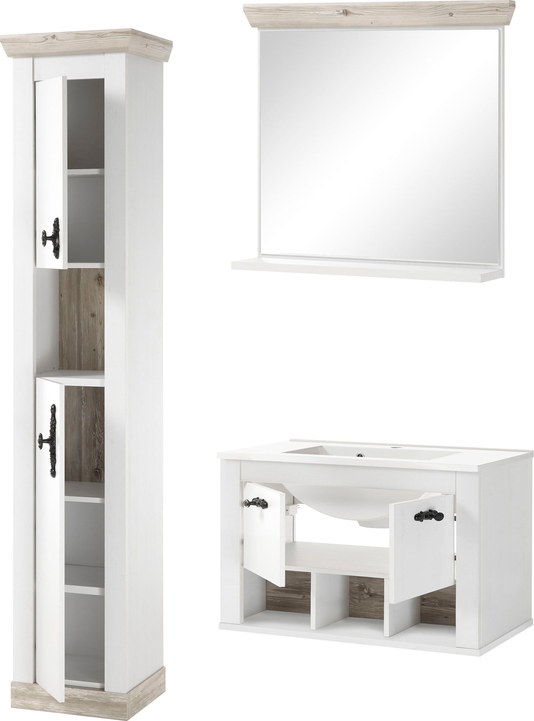Home affaire Badmöbel-Set »Florenz, Bad im Landhausstil, 3-teiliges Badezimmer«, (3 St.), Hänge-Waschtisch, Schrank und Spiegel, in Pinie Weiss, Stauraum