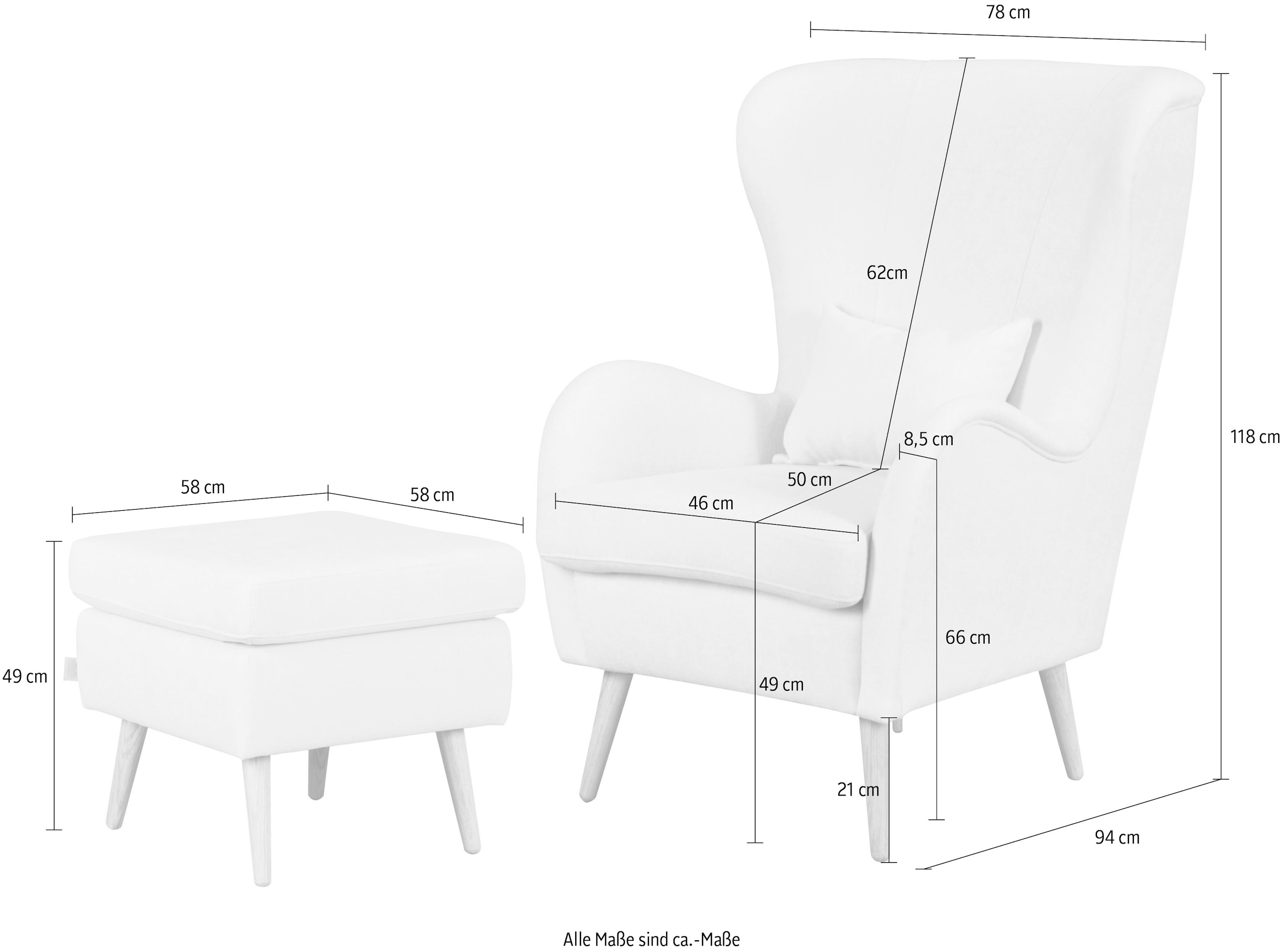 Guido Maria Kretschmer Home&Living Sessel »Salla auch in Fellimitat und Feincord, viele Bezugsarten, Ohrensessel«, wahlweise mit oder ohne Hocker; grosser Sessel: Masse B/T/H: 78/94/118cm