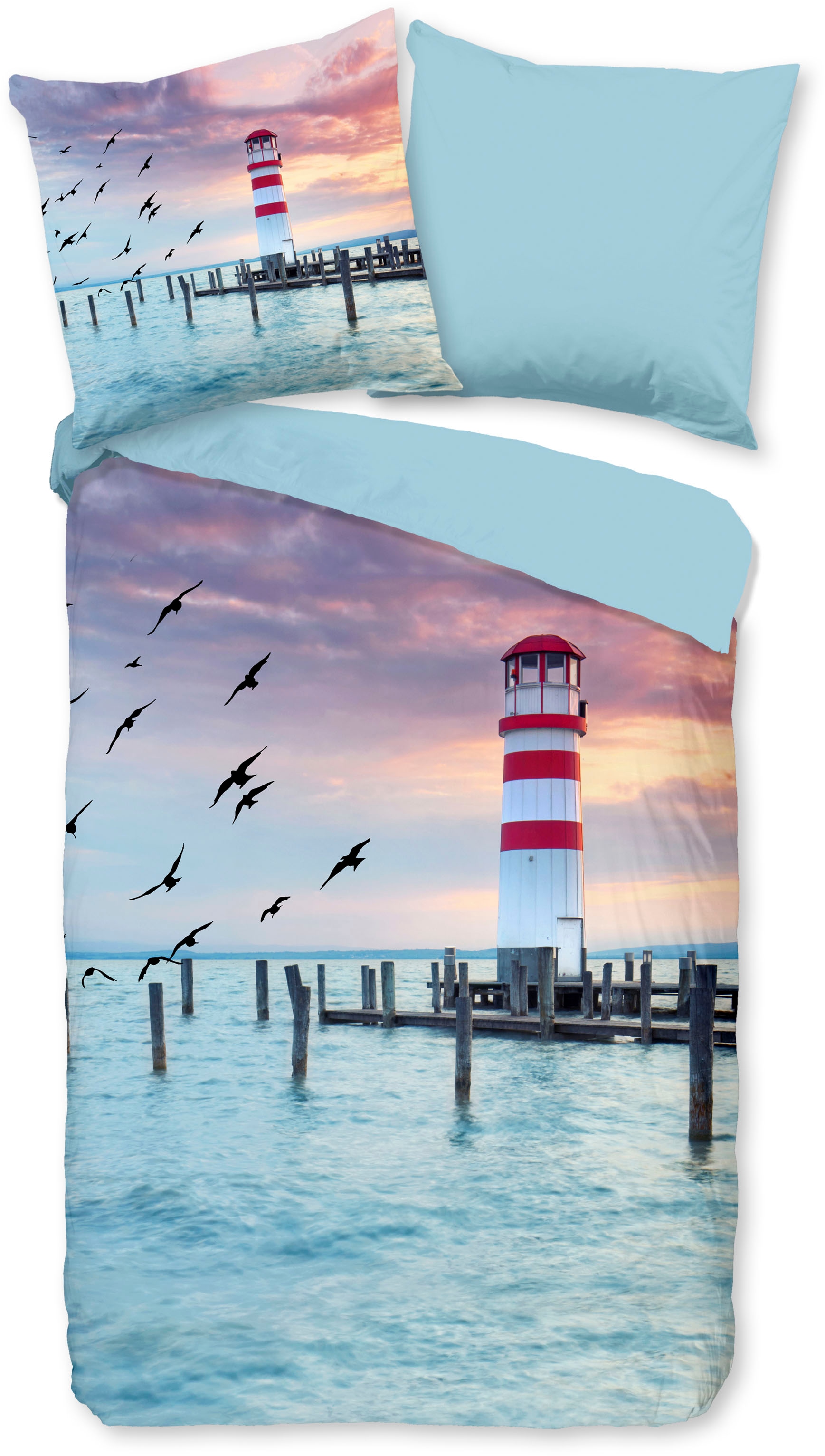 PURE luxury collection Wendebettwäsche »Lighthousee«, Mikrofaser, 135x200, Pflegeleicht, Reissverschluss, Wende, Strand, Meer