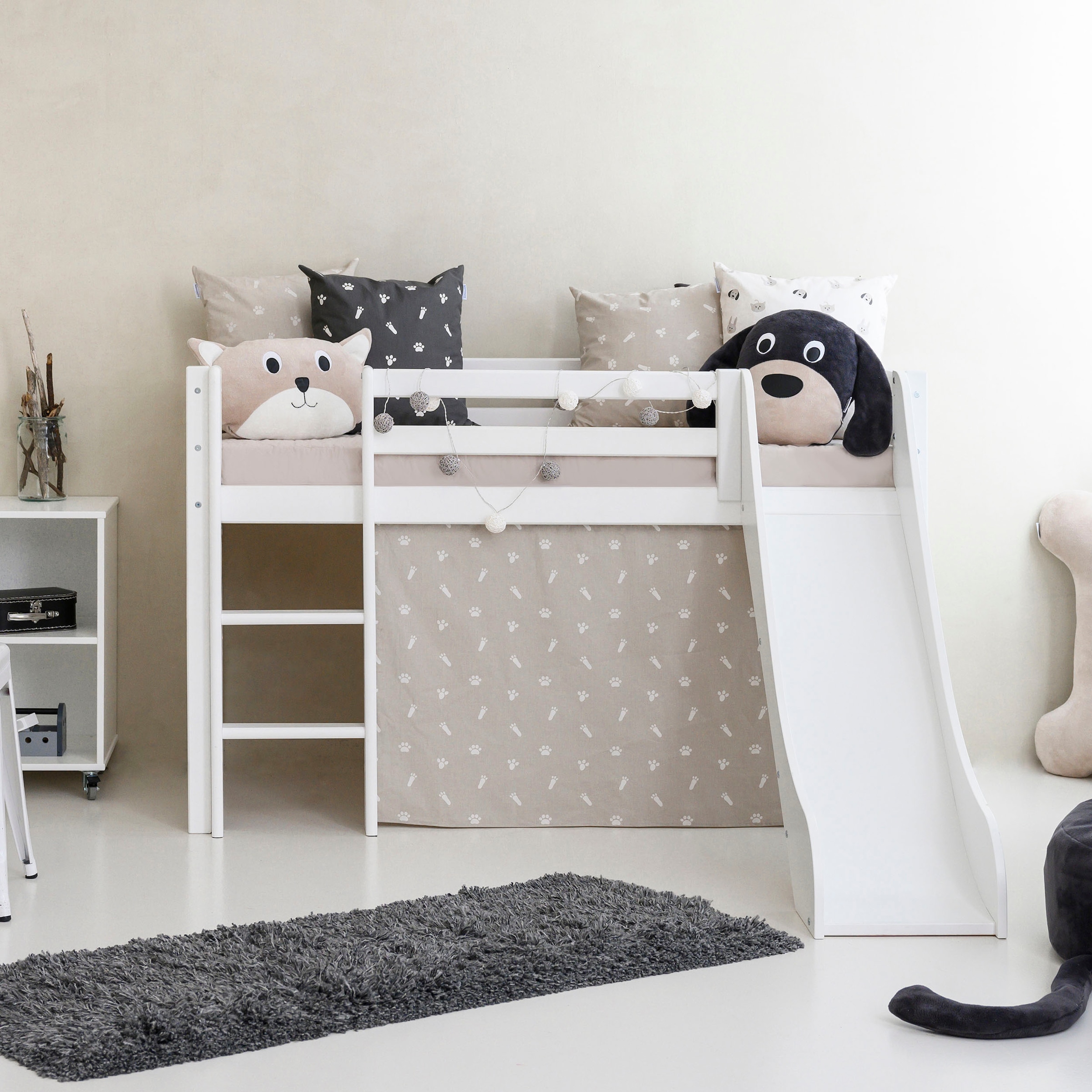 Hoppekids Hochbett »«Pets Silbergrau»« Rutsche & Vorhang Grau und viel Auswahl