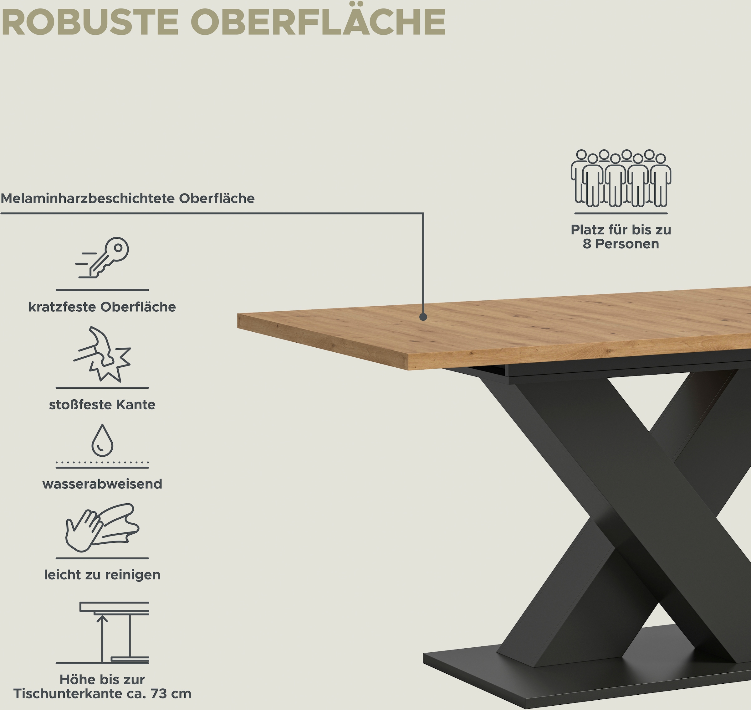 INOSIGN Esstisch »Motus, ausziehbar 150 -190 cm, inklusive 40 cm Einlegeplatte«, (Set, 1 St.), X-Gestell mit Bodenplatte, Tisch, Küchentisch, Esszimmer, Küche