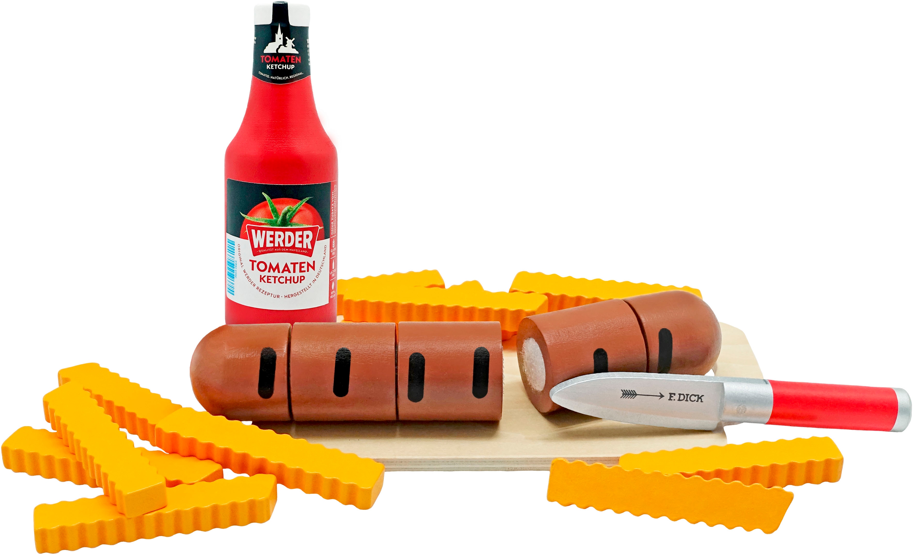 Tanner Spiellebensmittel "Bratwurst zum Schneiden mit Pommes und Werder Ketchup" aus Holz, FSC - schützt Wald