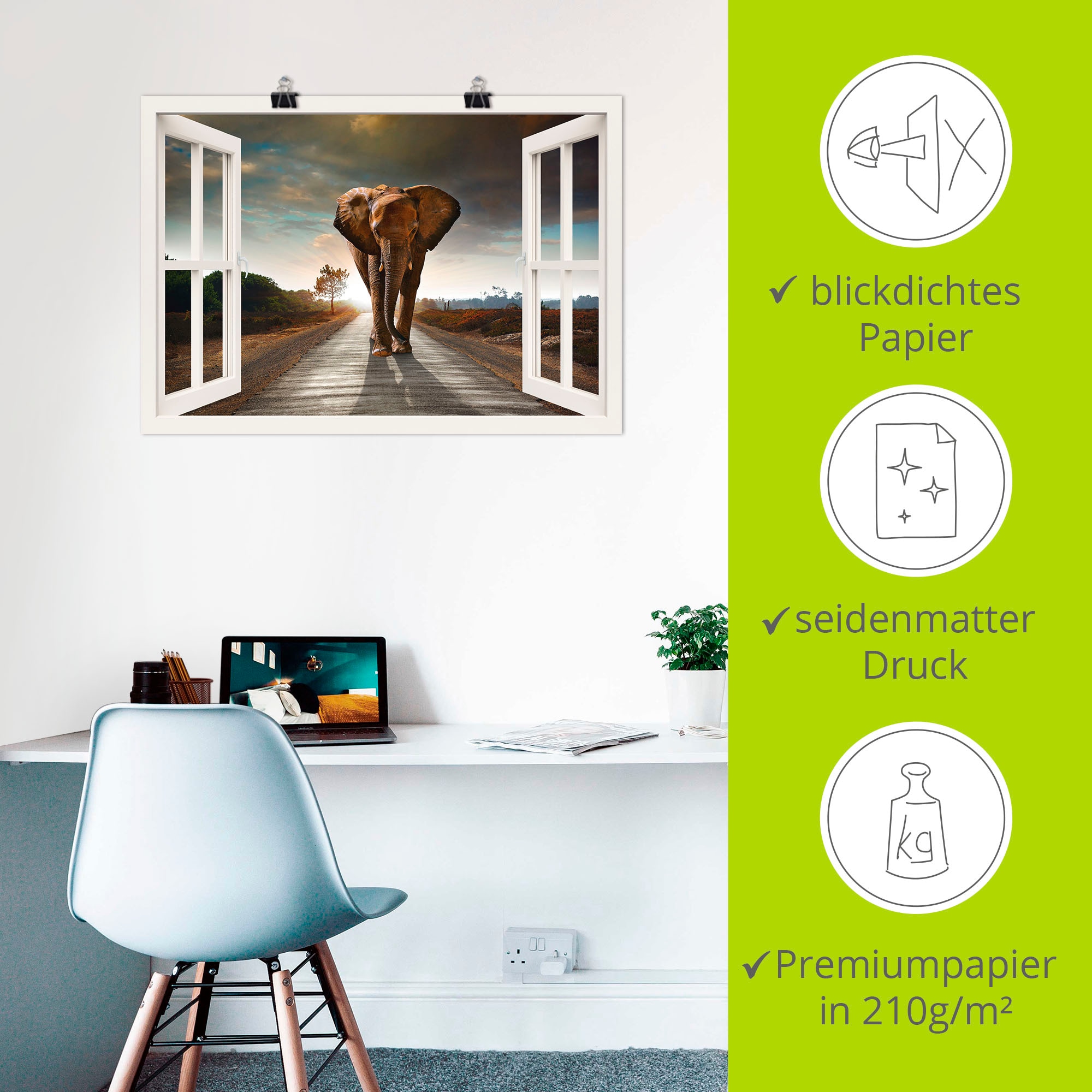 Artland Wandbild »Elefant auf Strasse«, Fensterblick, (1 St.), als Leinwandbild, Poster in verschied. Grössen
