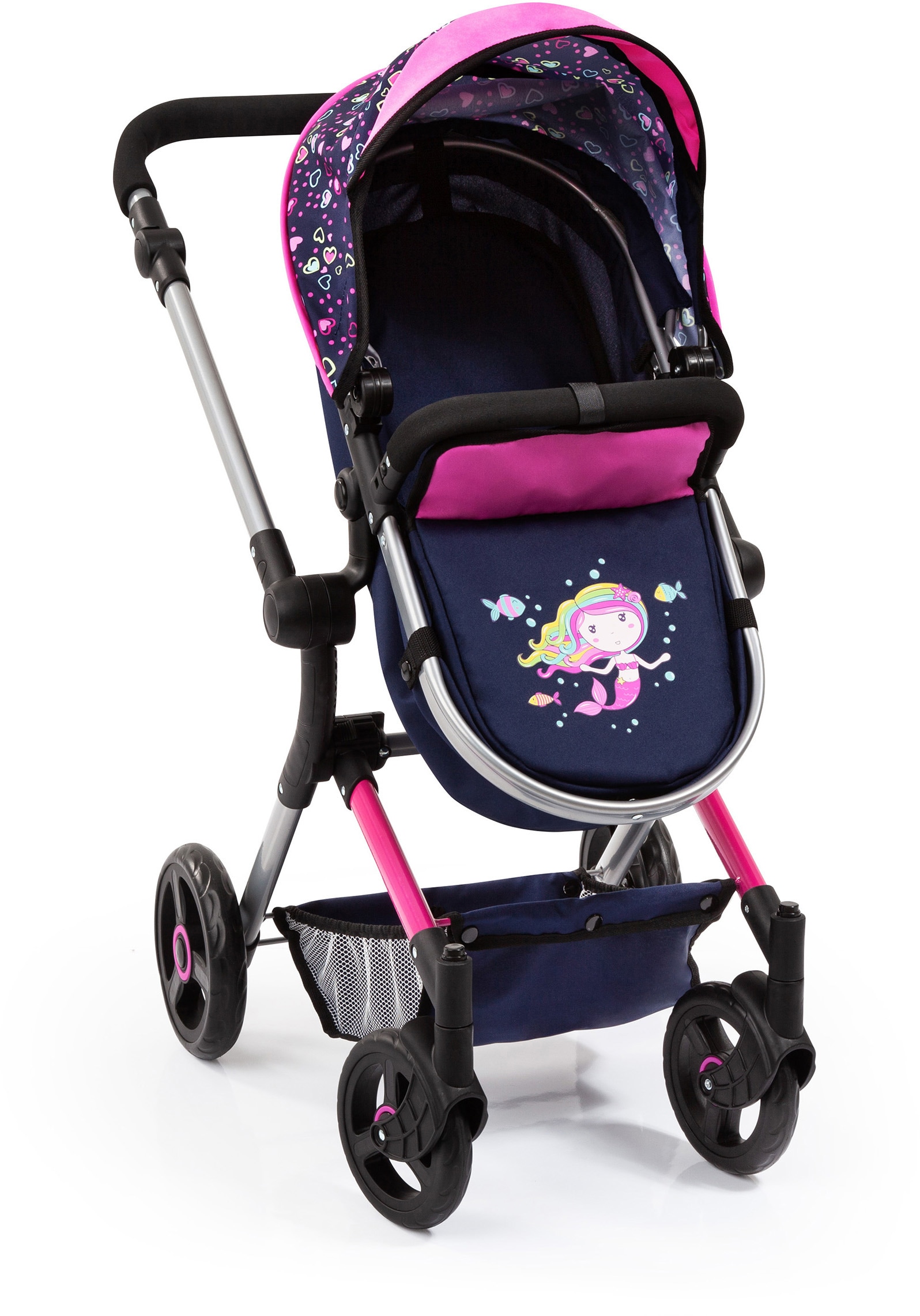 Bayer Kombi-Puppenwagen »Vario, Blau/Pink/Herzchen«, inkl. Wickeltasche