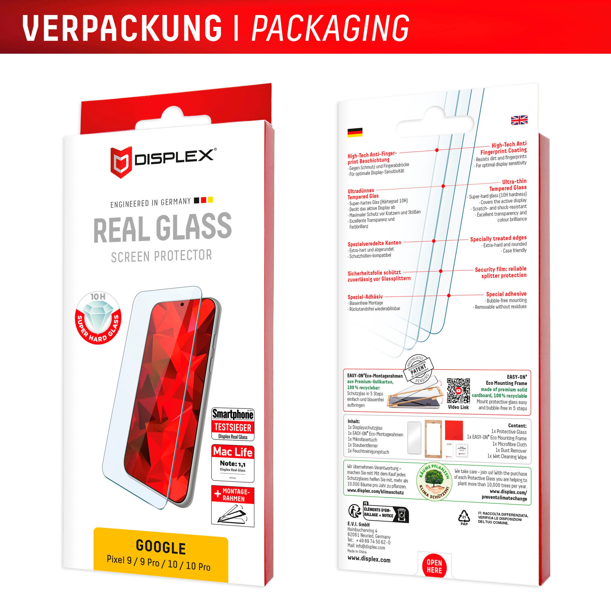 Displex Displayschutzglas »Real Glass Screen Protection«, für Google Pixel 9-Google Pixel 9 Pro-Google Pixel 10-Google Pixel 10 Pro, Displayschutzfolie, Schutzfolie, Bildschirmschutz, kratz- & stossfest