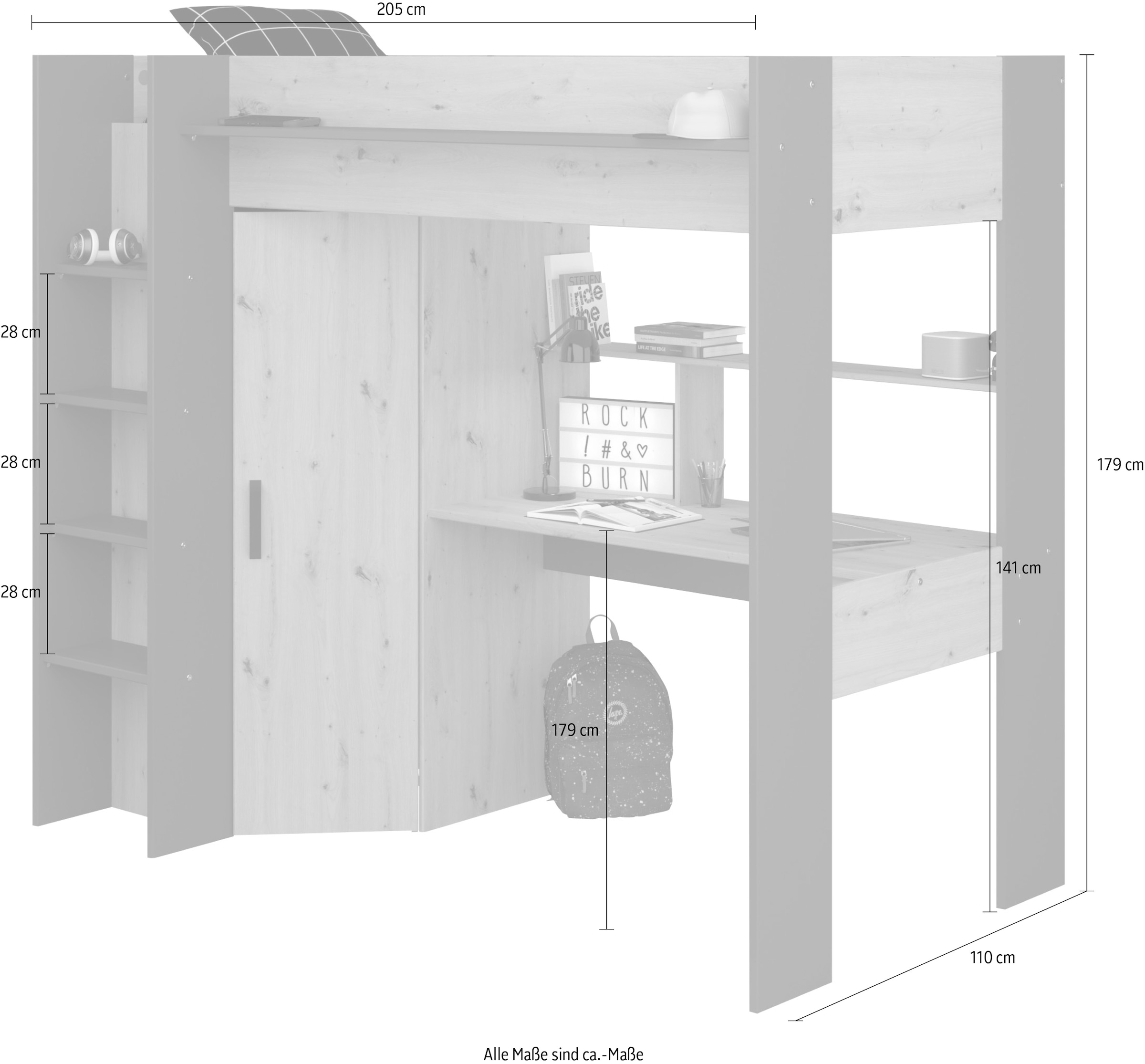 Parisot Hochbett »Heavy«, ALL-IN-ONE, mit Kleiderschrank, Schreibtisch, Leiter, Stauraum