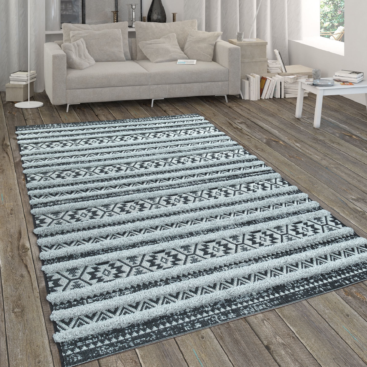 Paco Home Teppich »Eupen 472«, rechteckig, 22 mm Höhe, Hoch-Tief-Struktur, Rauten Muster, gestreift, In- und Outdoor geeignet