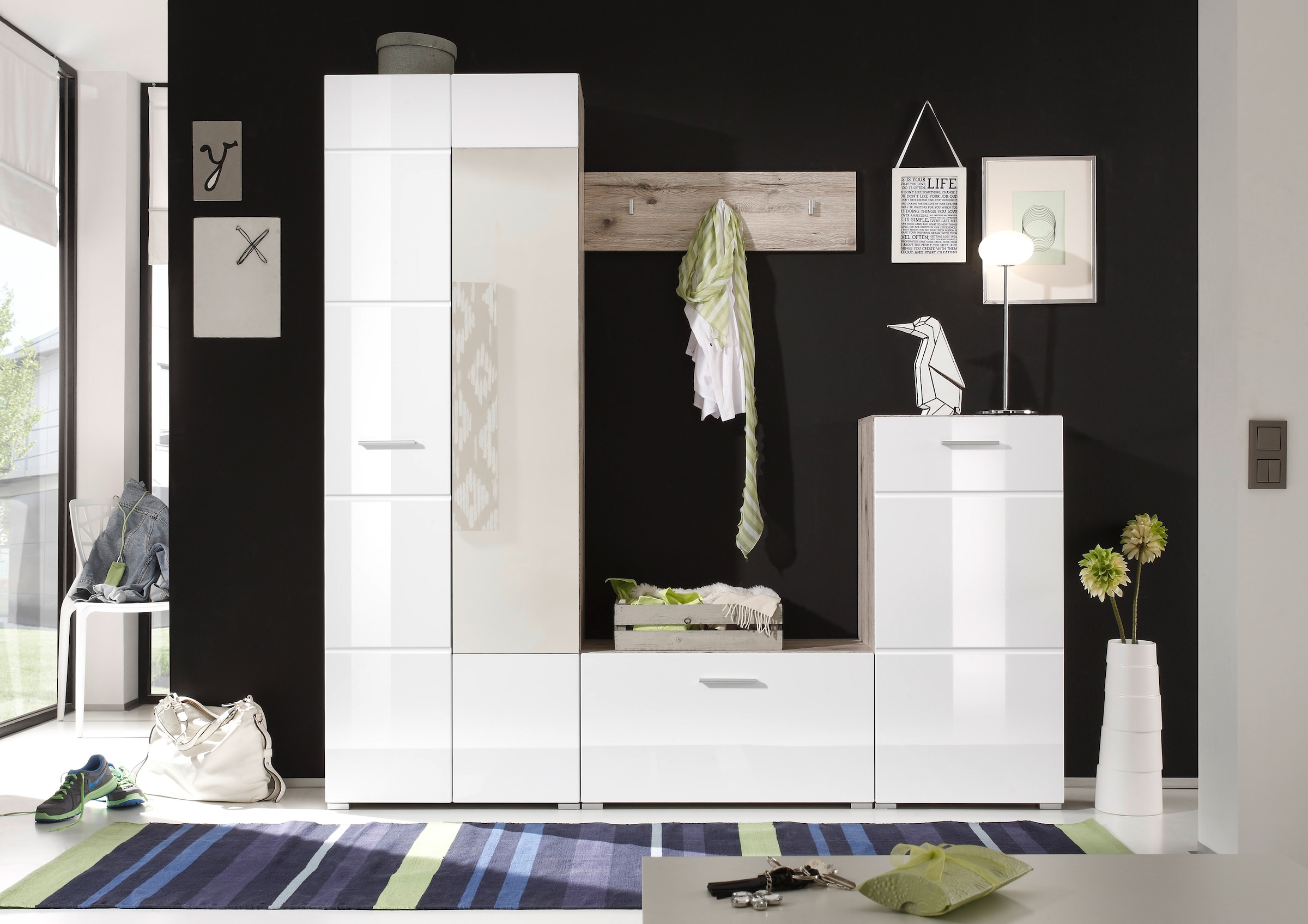 HBZ Kompaktgarderobe »SIXX Weiss Hochglanz, Flurgarderobe mit Spiegel, BxHxT 195x195x36...