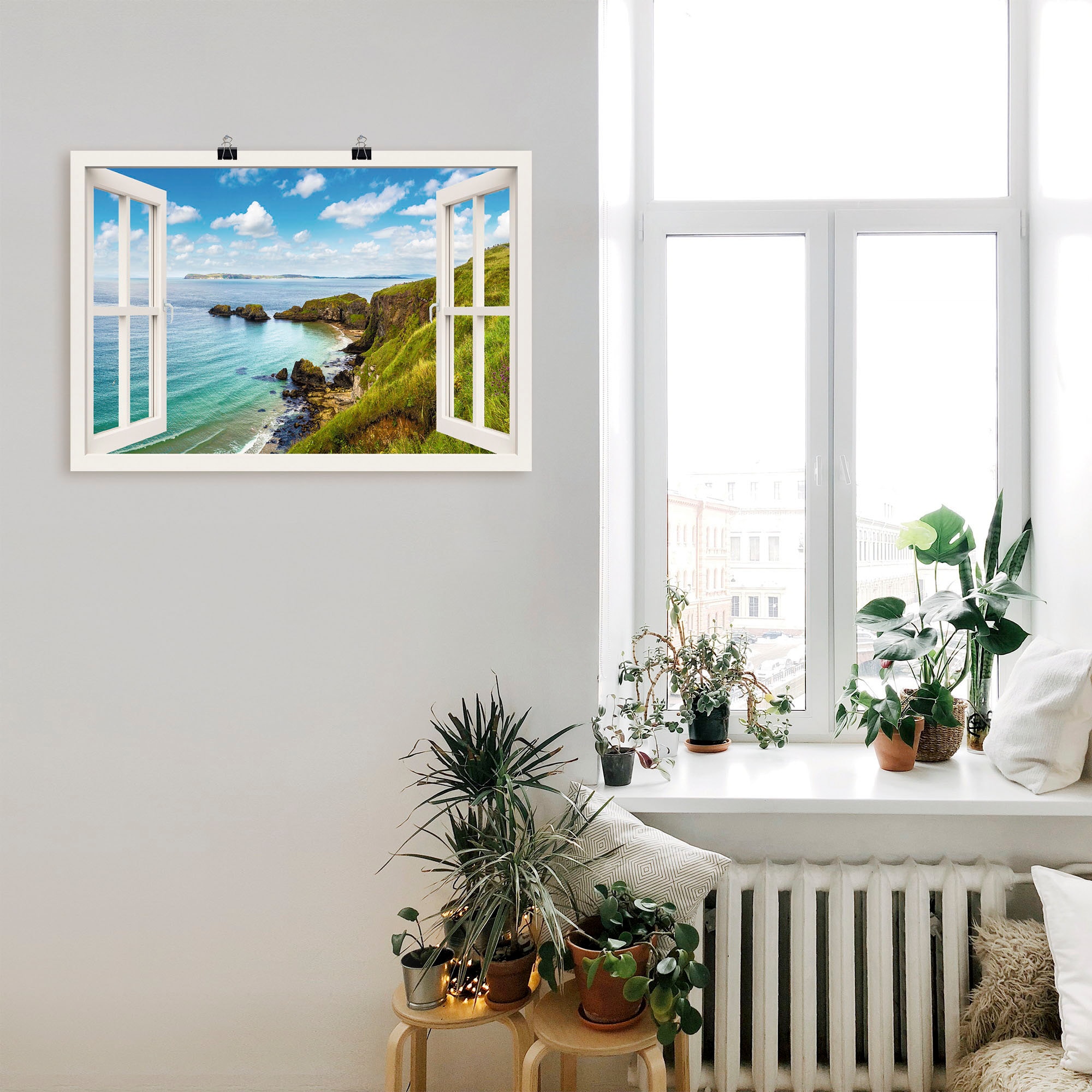Artland Wandbild »Küstenweg in Nordirland durchs Fenster«, Meer Bilder, (1 St.), als Leinwandbild, Wandaufkleber oder Poster in versch. Grössen