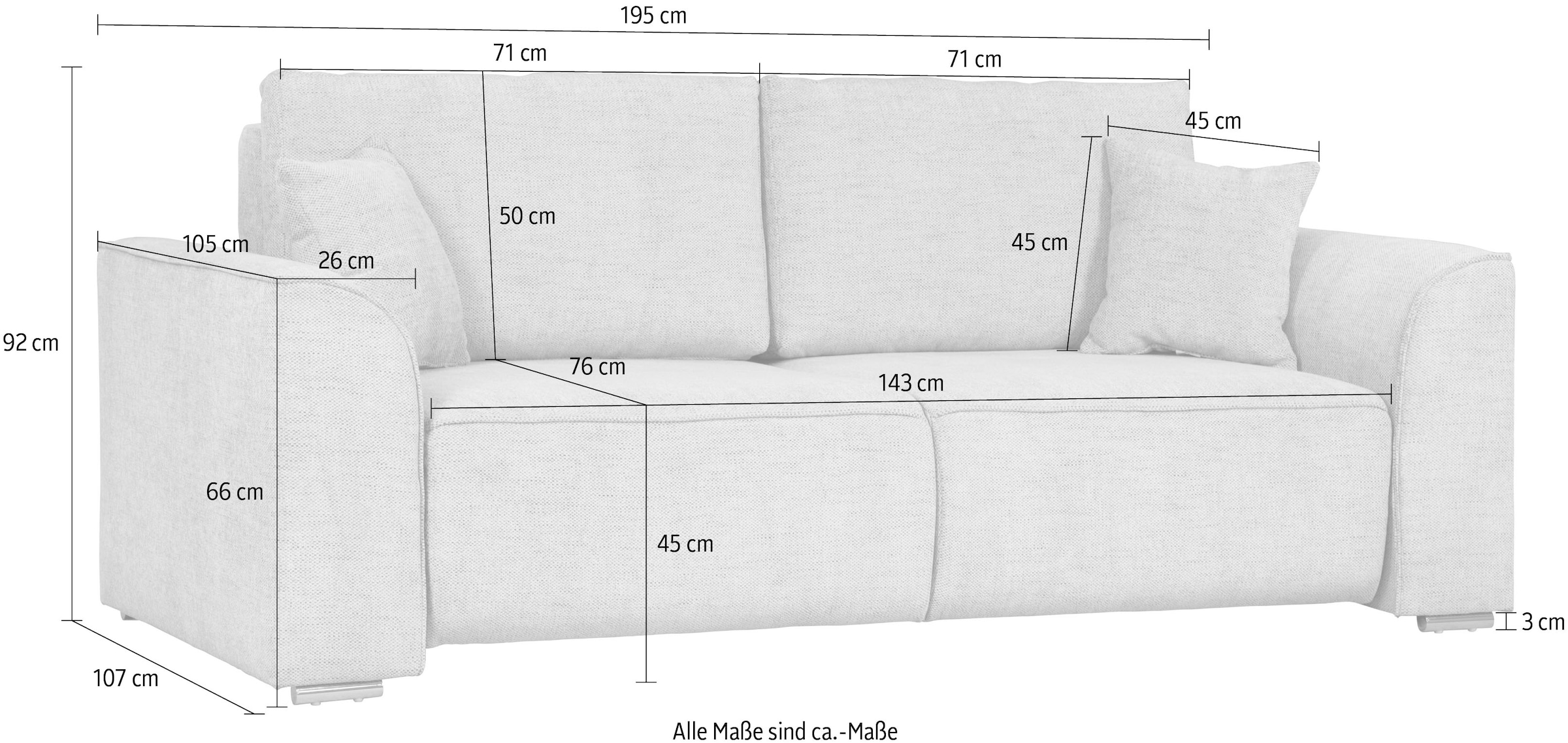 INOSIGN 2-Sitzer »BEATRICE, erhältlich in trendigen Stoffoptionen, B/T/H: 143/73/92 cm«, In hochwertiger Verarbeitung, incl. 2 grossen Zierkissen in Korpusfarbe