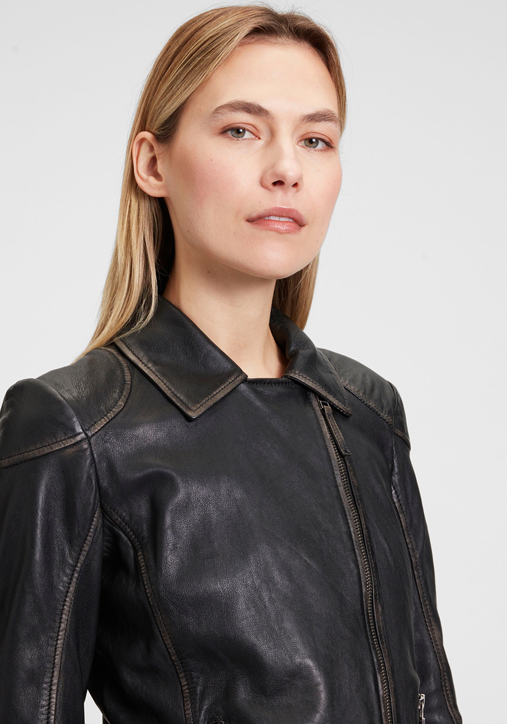 Mauritius Lederjacke »MWPeggie«, im Vintage-Look, asymetrischer Reissverschluss, Reverskragen