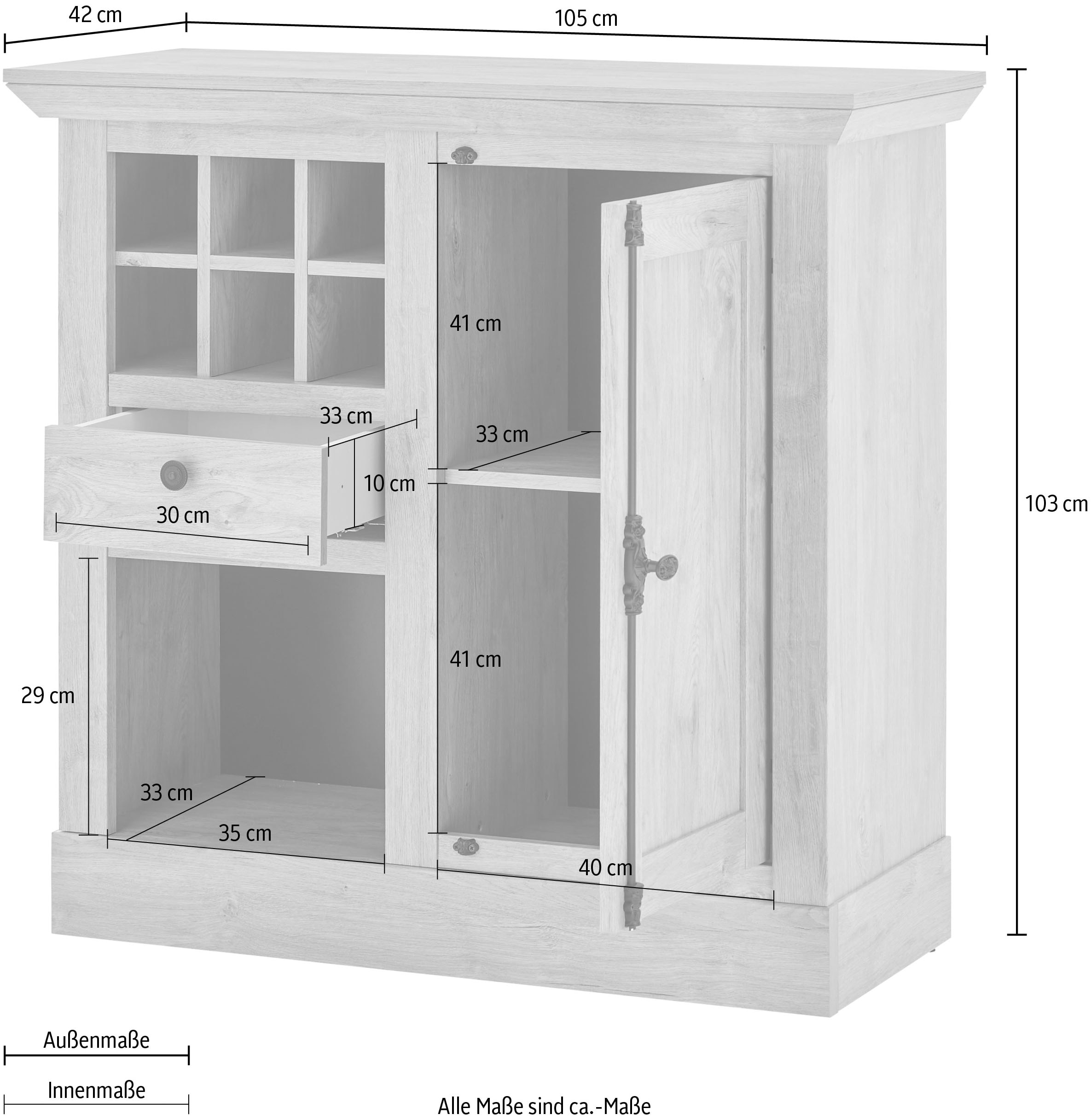 Home affaire Highboard »Cornwall, Kommode im Landhausstil, Schrank, Sideboard, Eiche Dekor«, (1 St.), verschnörkelte Metallgriffe, ausreichend Stauraum, 105 cm breit