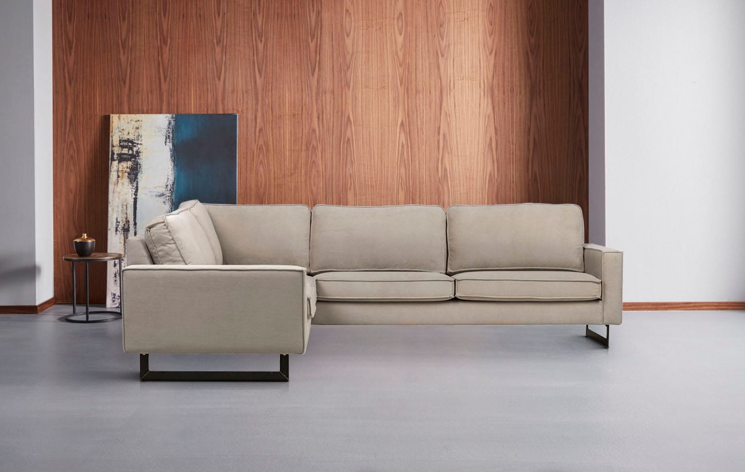 Places of Style Ecksofa »Pinto, XXL, 250/290 cm, langer Schenkel, Ottomane«, Cord, Chenille, Lederoptik, mit Keder, Metallfüsse, Wellenunterfederung