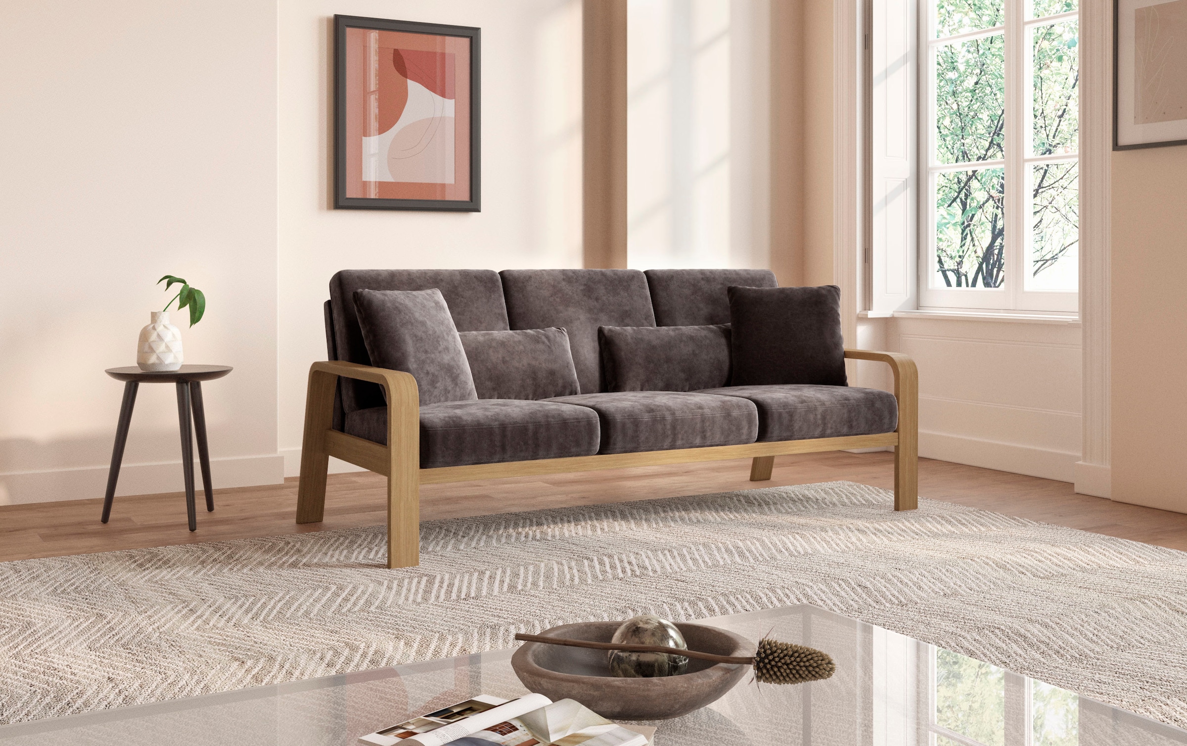 sit&more 3-Sitzer »Kolding«, Armlehnen aus Buchenholz in natur, verschiedene Bezüge und Farben