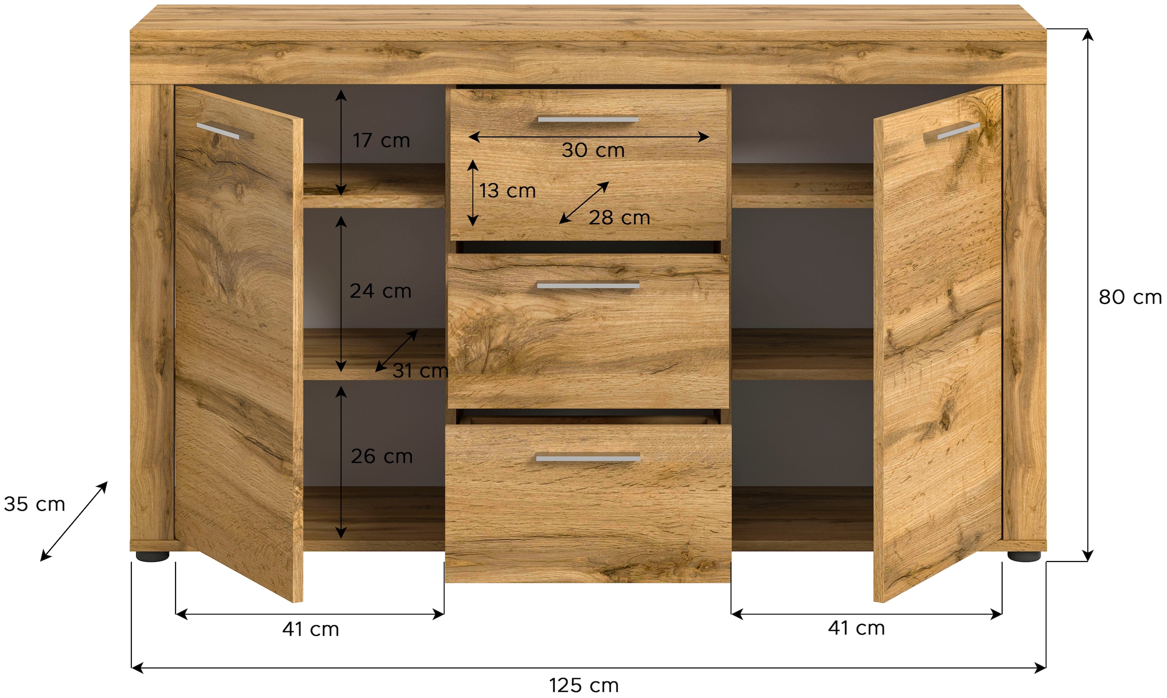 INOSIGN Sideboard »Aosta, Breite 125 cm, in verschiedenen Farbausführungen«, mit 2 Türen und 3 Schubkästen, Wohnzimmer, Kommode, Schrank