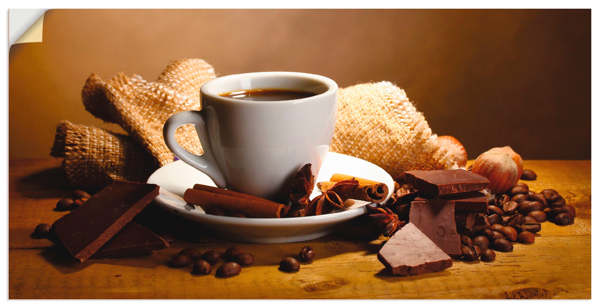 Wandbild »Kaffeetasse Zimtstange Nüsse Schokolade«, Getränke, (1 St.), als...